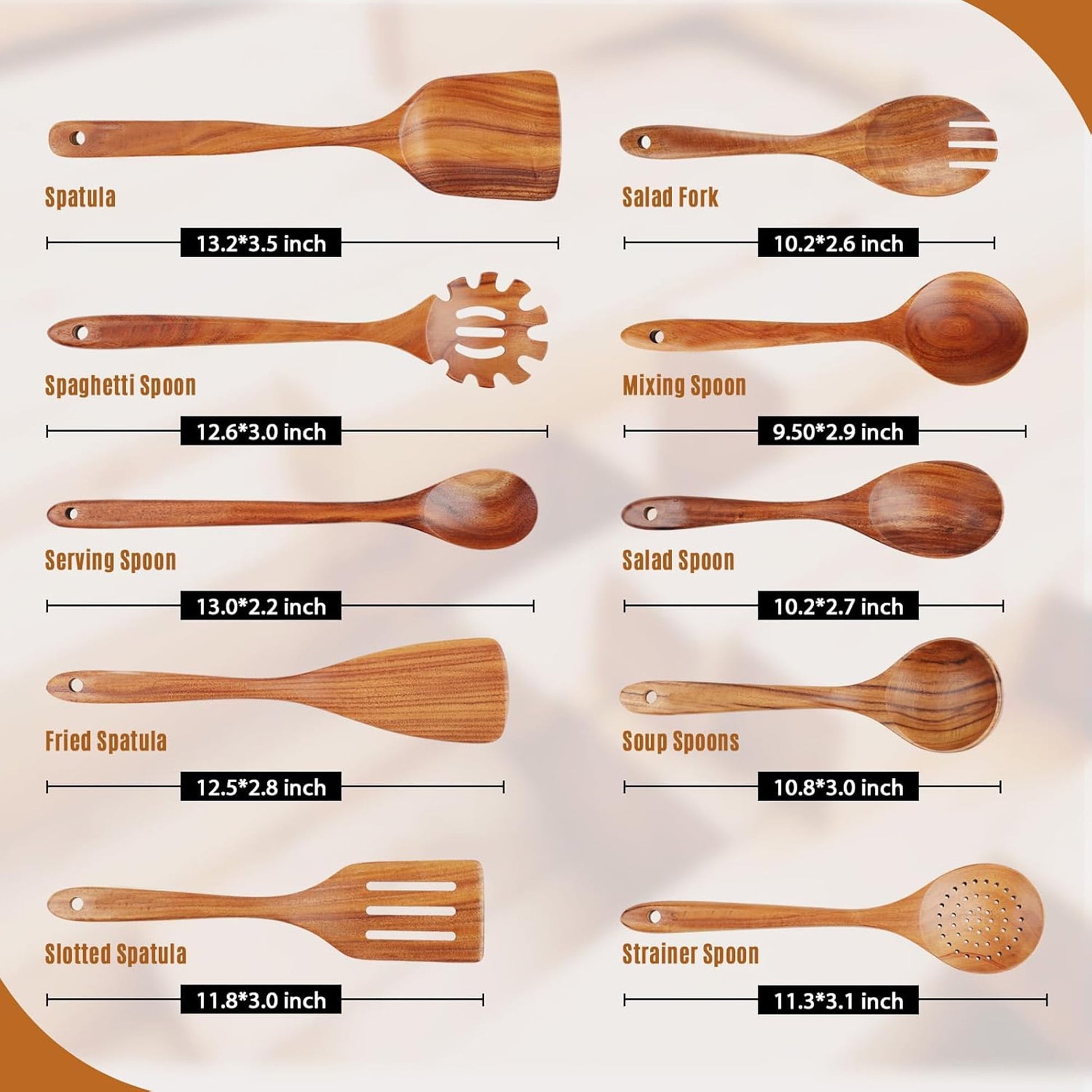 ACMETOP Wooden Spoons for Cooking, 9 Pcs Natural Teak Kitchen Utensil Set with Utensils Holder & Spoon Rest, Wooden Cooking Utensils for Nonstick Pans & Cookware
