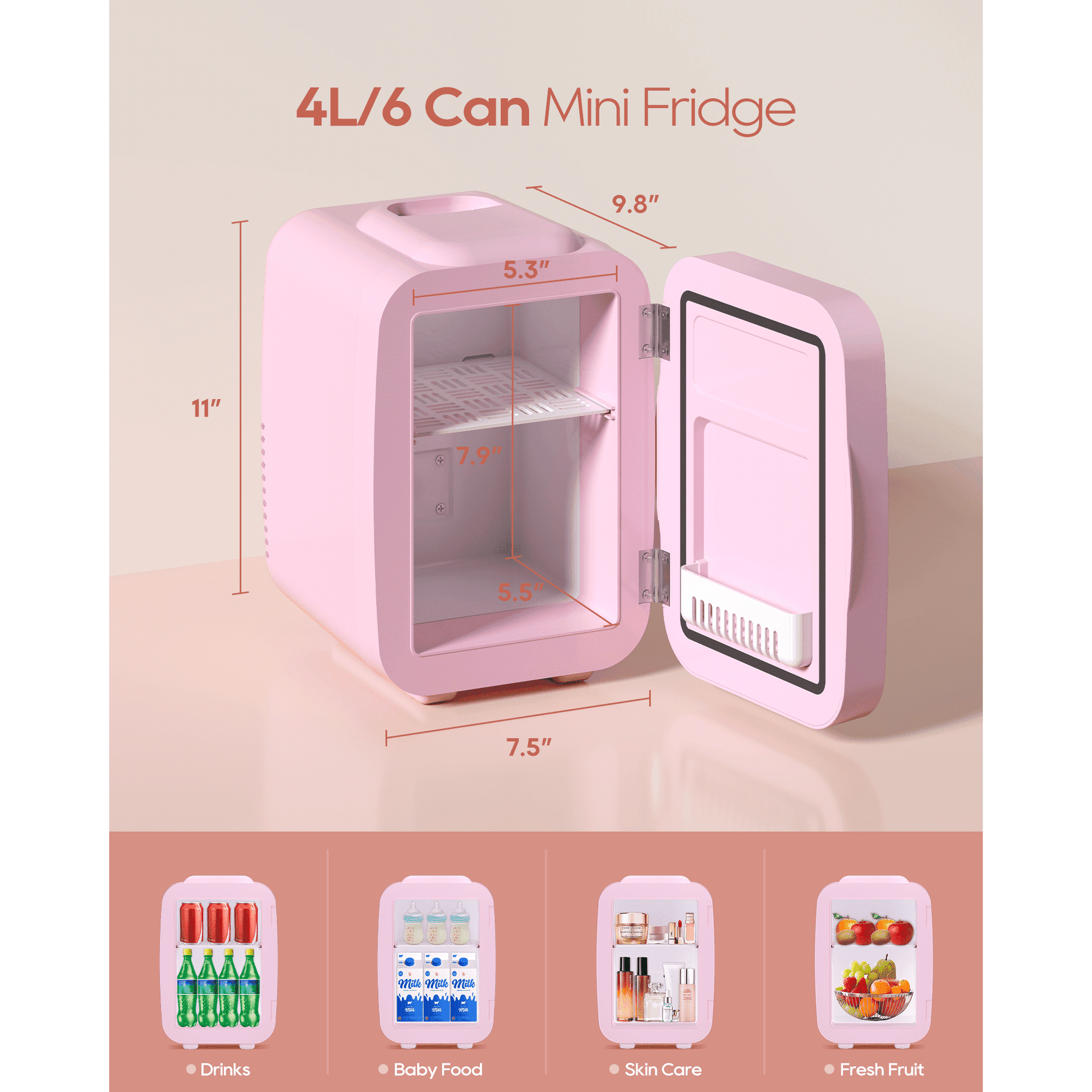 ACMETOP Skincare Fridge with Dimmable LED Light Mirror,4L/6 Can Mini Fridge for Skincare and Makeup,Cooler & Warmer, Portable Small Fridge for for Bedroom, Office, Dorm and Car,