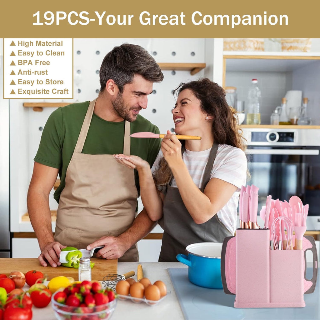 ACMETOP 19 Pieces Kitchen Utensils Set-11 Silicone Cooking Utensils Set, 6 Stainless Steel Sharp Knife set, 2 Cutting Board and Holder (Pink)