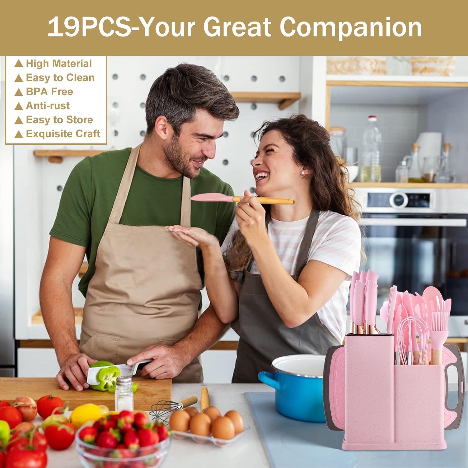 ACMETOP 19 Pieces Kitchen Utensils Set-11 Silicone Cooking Utensils Set, 6 Stainless Steel Sharp Knife set, 2 Cutting Board and Holder (Pink)