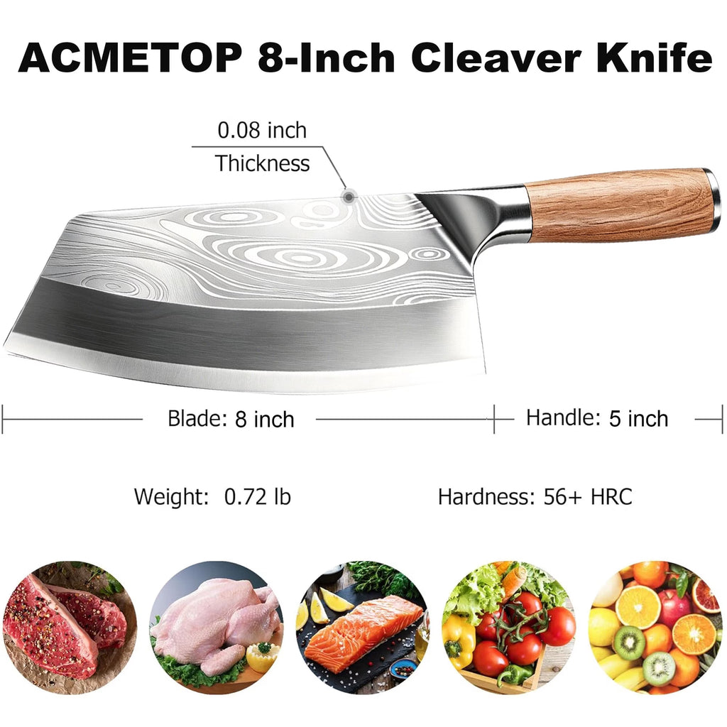 ACMETOP Meat Cleaver Knife, 8" Butcher Knife, High Carbon Stainless Steel Chinese Cleaver with Wooden Handle, Chef Knife for Meat Vegetable