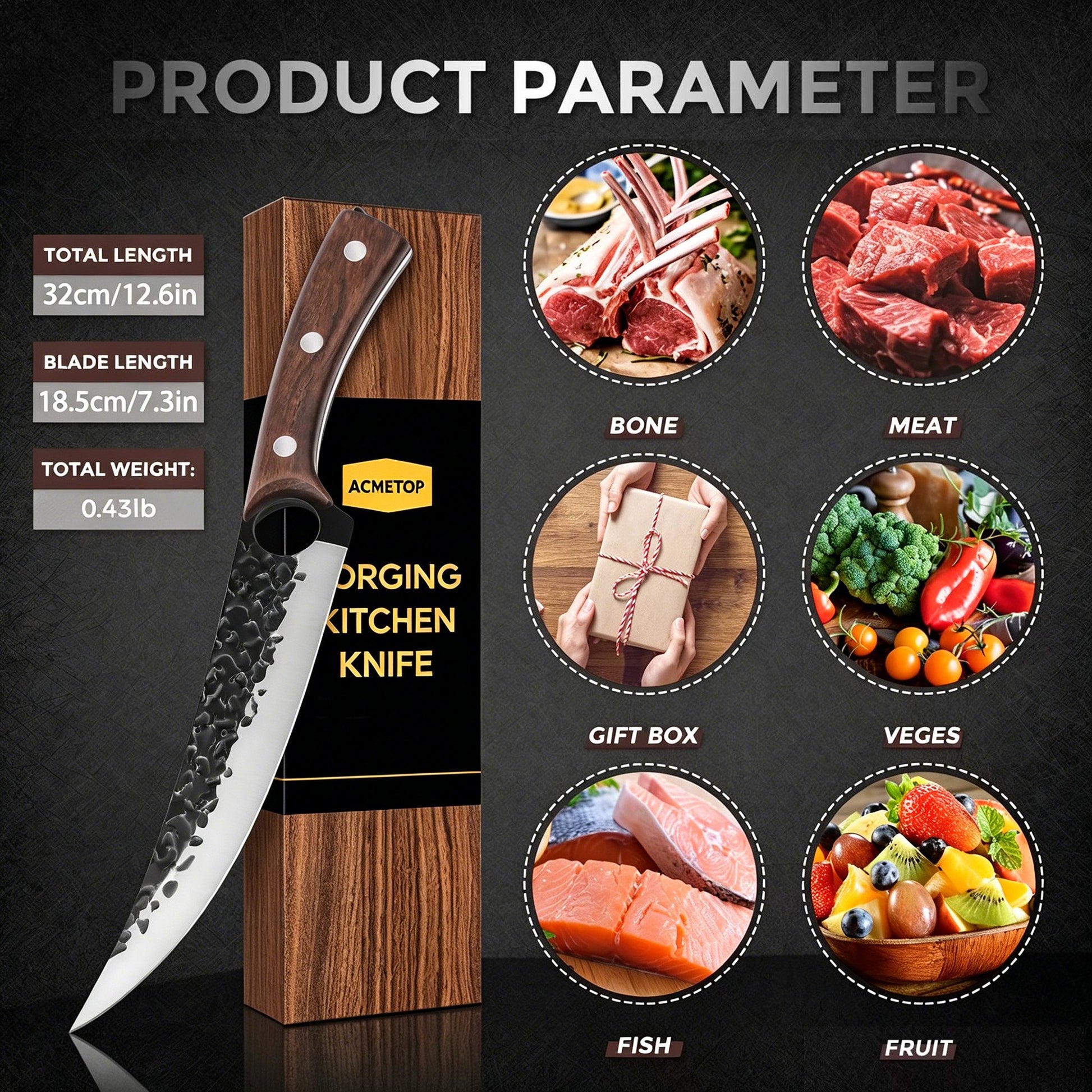 ACMETOP 7 Inch Boning Knife Hand Forgead Fillet Knife Full Tang Chef Knives Meat Vegetable Cleaver High Carbon Steel Kitchen Knives Christmas Gift for Men and Women