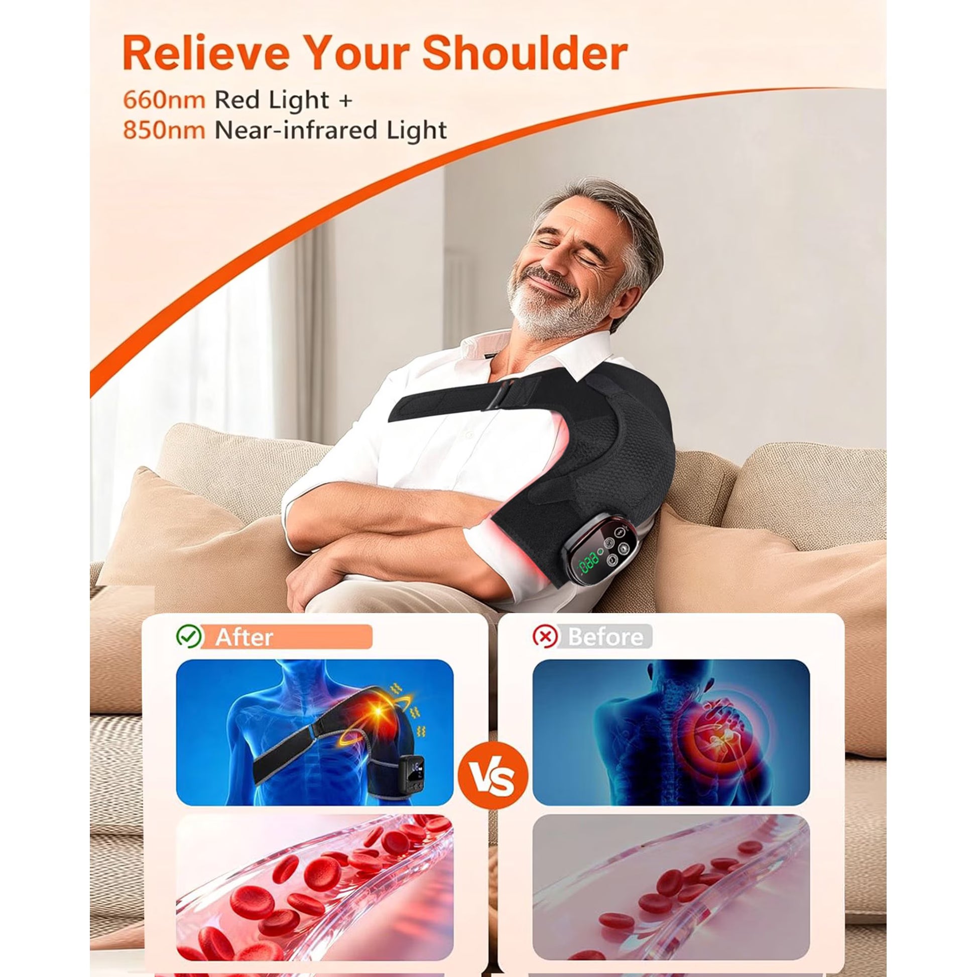 Morfone Cordless Red Light Shoulder Wrap with 3 Heat & 3 Vibration, Shoulder Massager Heating Pad, 660nm Red & 850nm near-Infrared Light,Black