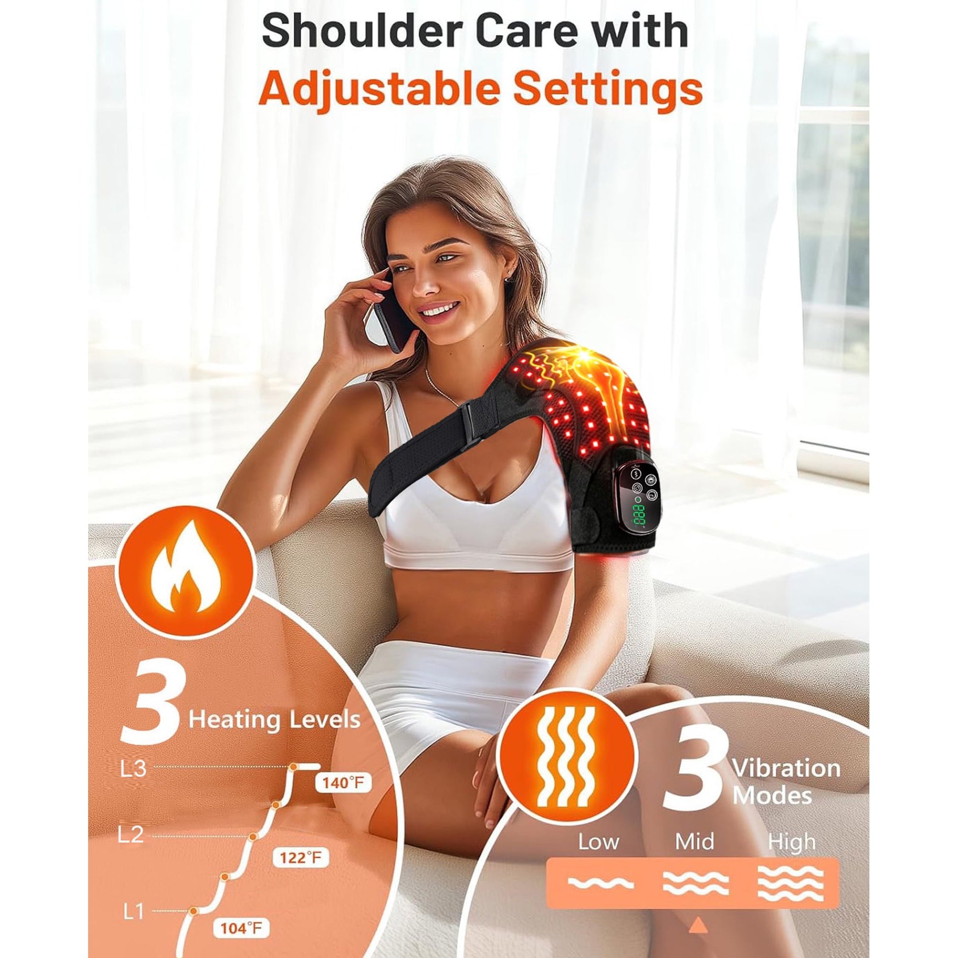 Morfone Cordless Red Light Shoulder Wrap with 3 Heat & 3 Vibration, Shoulder Massager Heating Pad, 660nm Red & 850nm near-Infrared Light,Black