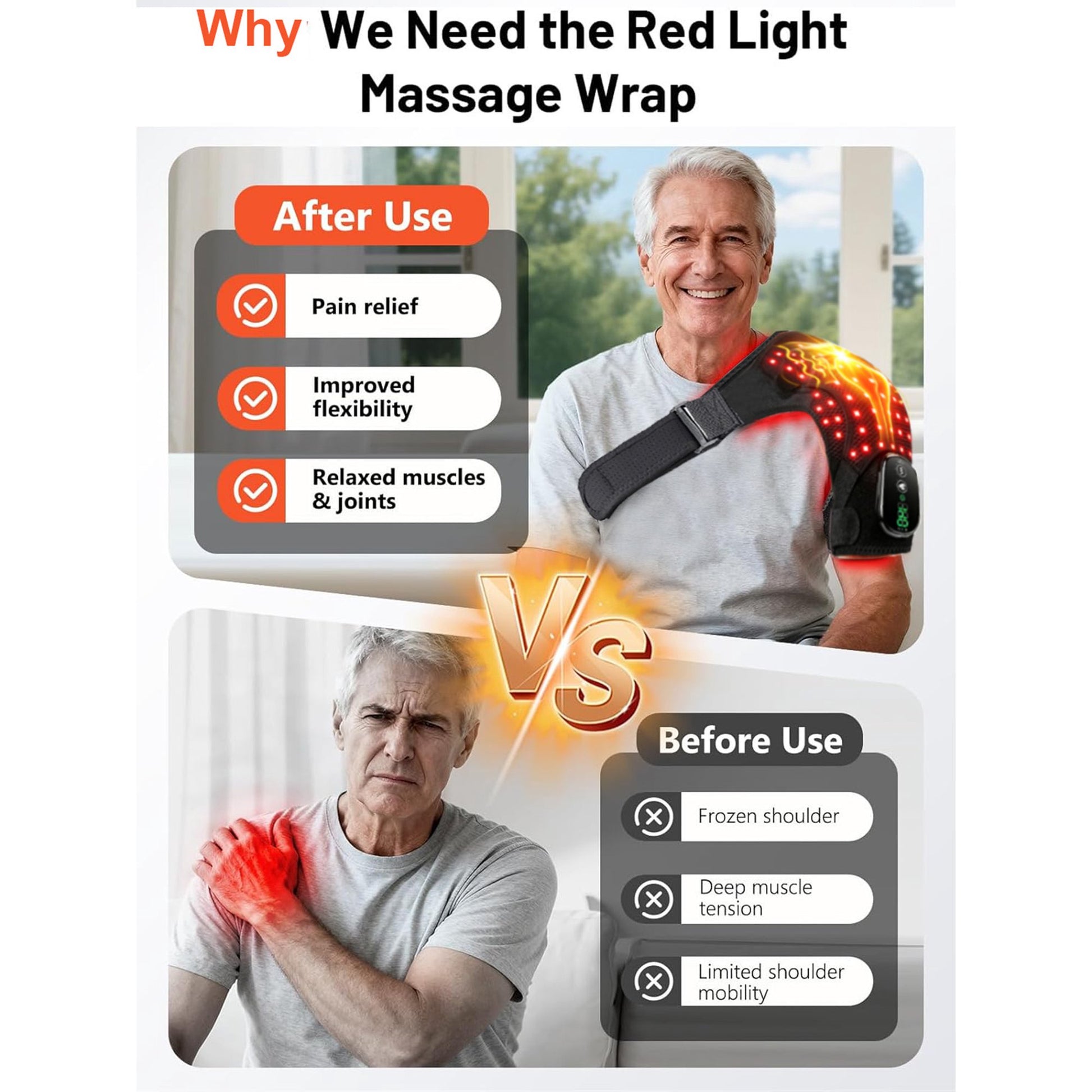 Morfone Cordless Red Light Shoulder Wrap with 3 Heat & 3 Vibration, Shoulder Massager Heating Pad, 660nm Red & 850nm near-Infrared Light,Black