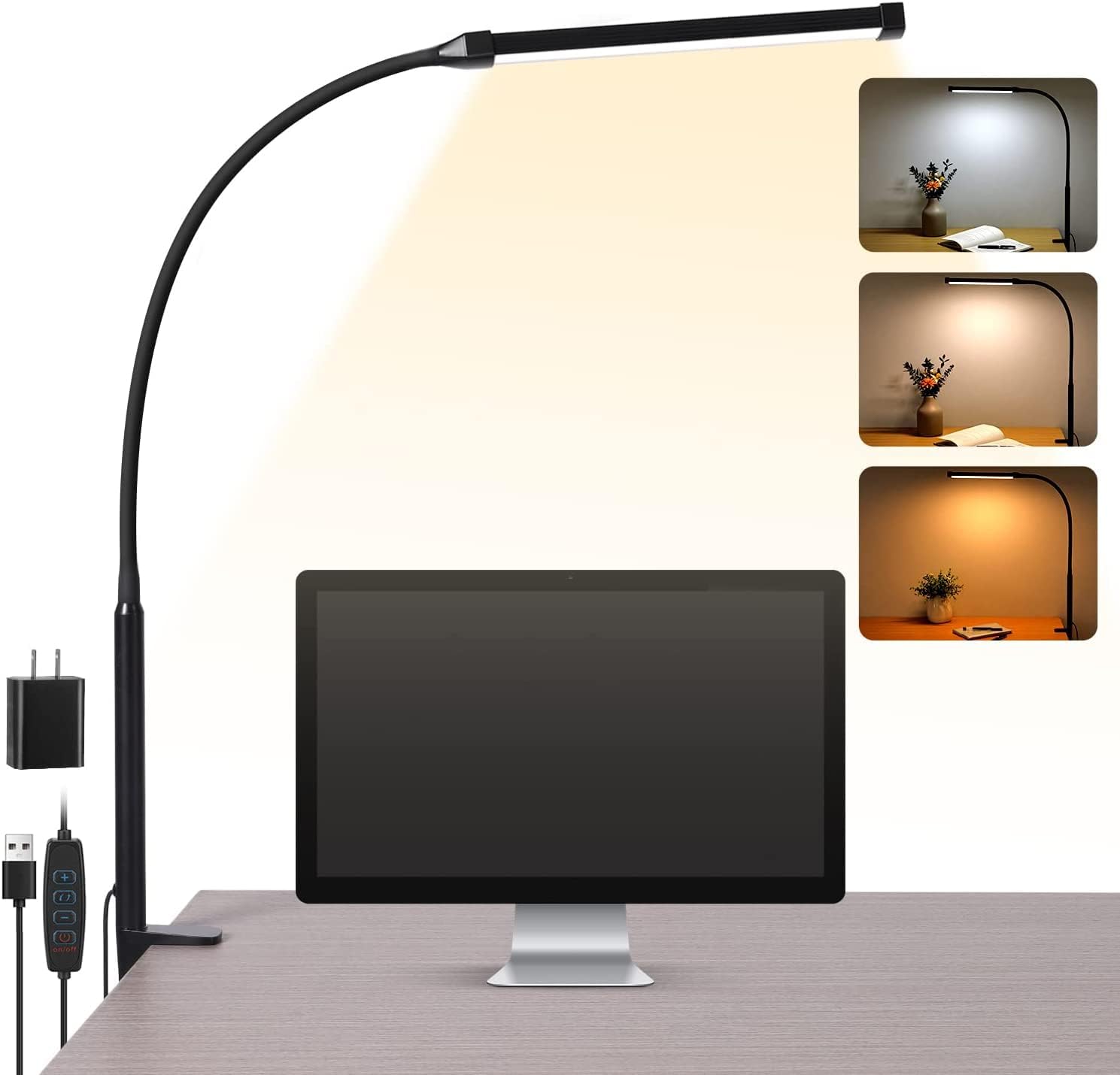 Beichen 3 Modes 10 Brightness Levels Flexible Gooseneck LED Desk Lamp with Clamp, Clip-On Light for Home Office, Black