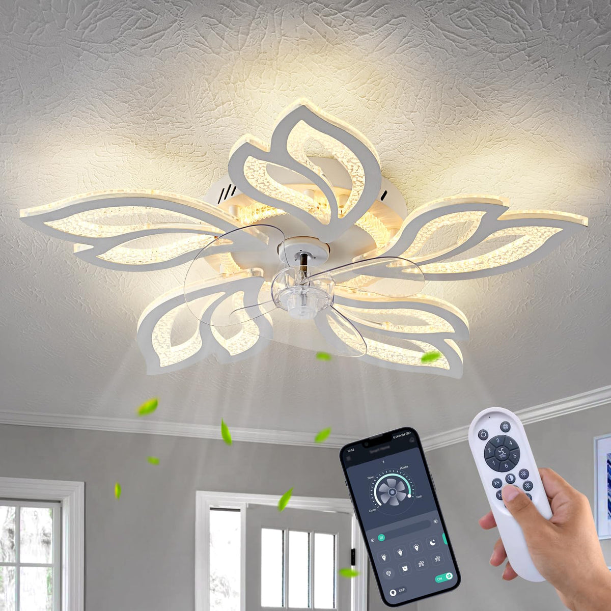 Beichen 25 Inch Geometric Ceiling Fan with Light, 3-Color Dimmable, 6 Speeds, Low Profile Flush Mount, Remote Control for Bedroom&Kitchen