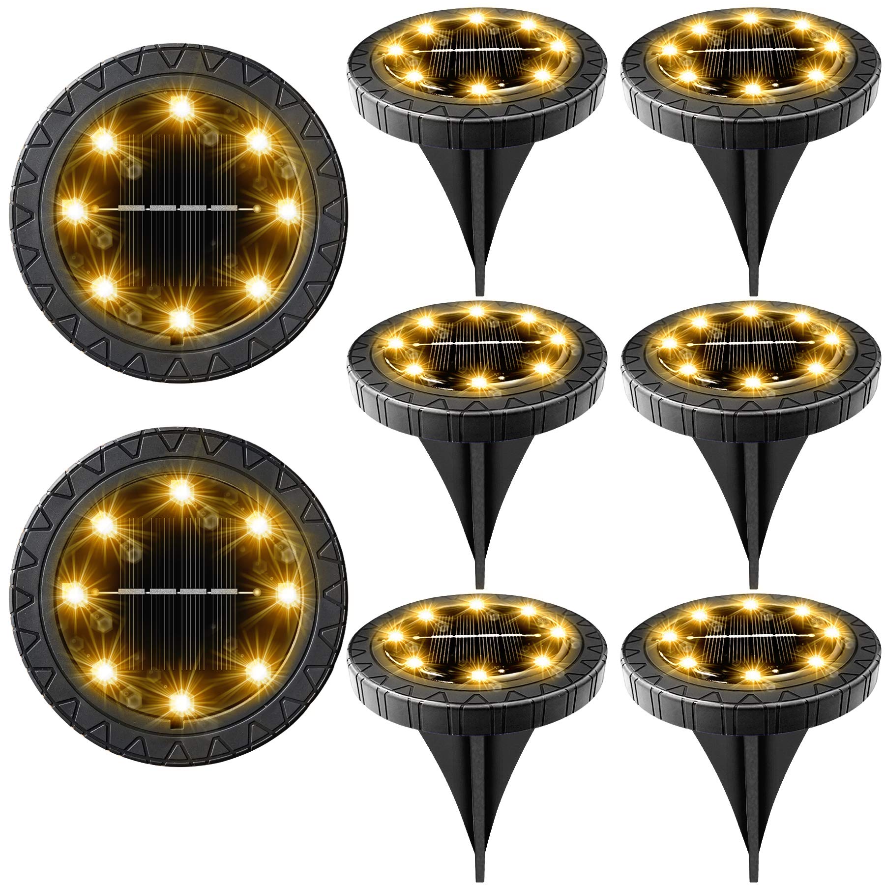 Beichen Solar Powered LED Disk Lights, 8 Pack IP68 Waterproof Non-Slip Wear-Resistant Pathway Lights, Warm White for Outdoor Garden & Walkway