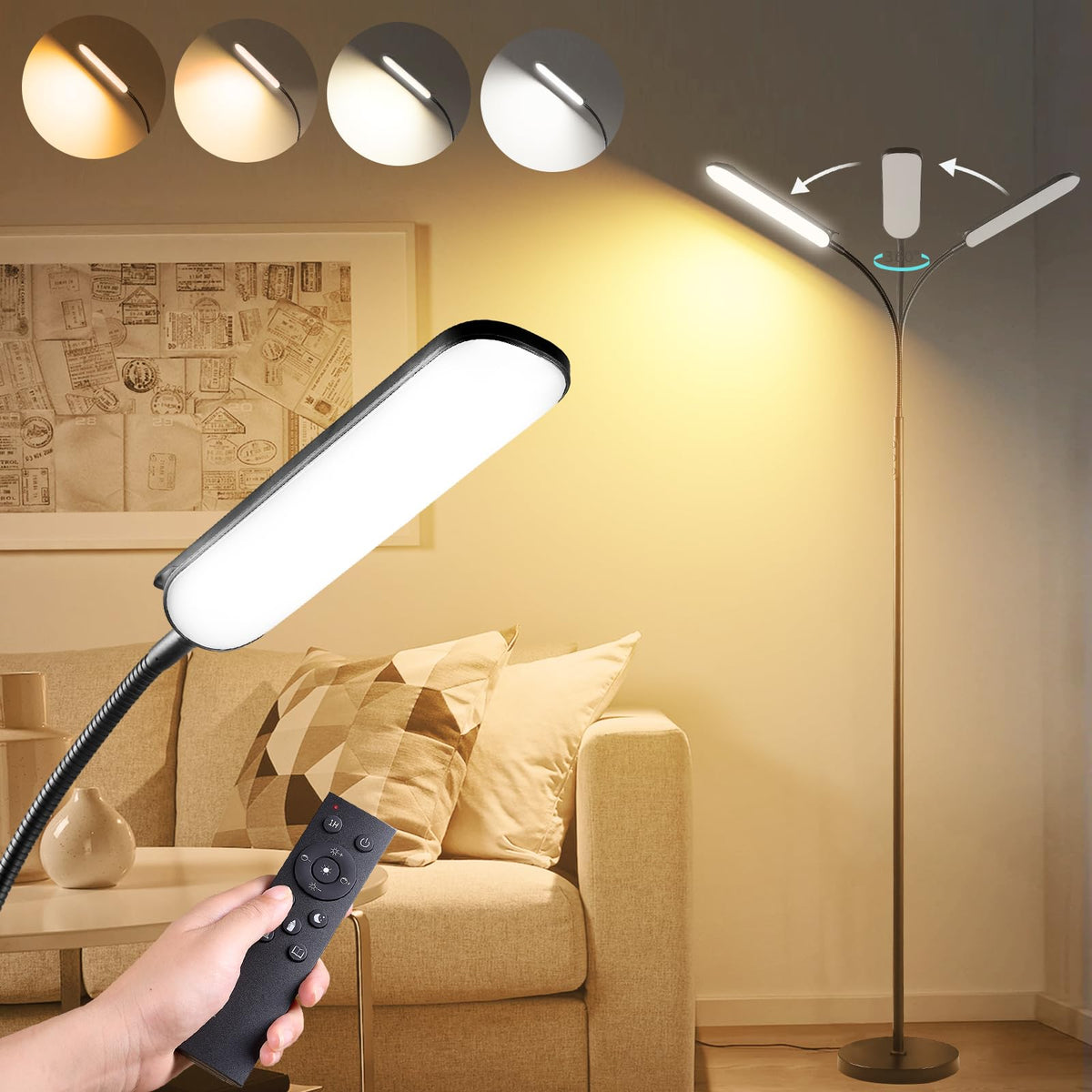Beichen 18W 1800LM LED Floor Lamp, Dimmable Standing Light with Remote, Timer & Smart Plug, Eye-Caring Reading Lamp for Living Room, Bedroom & Office