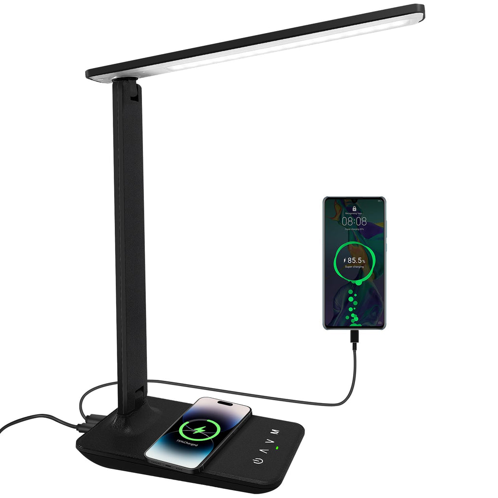 Beichen 15W Wireless Charger LED Desk Lamp, 5 Lighting Modes Dimmable Table Light with USB Port, Touch Control, Foldable for Home, Office & Bedroom