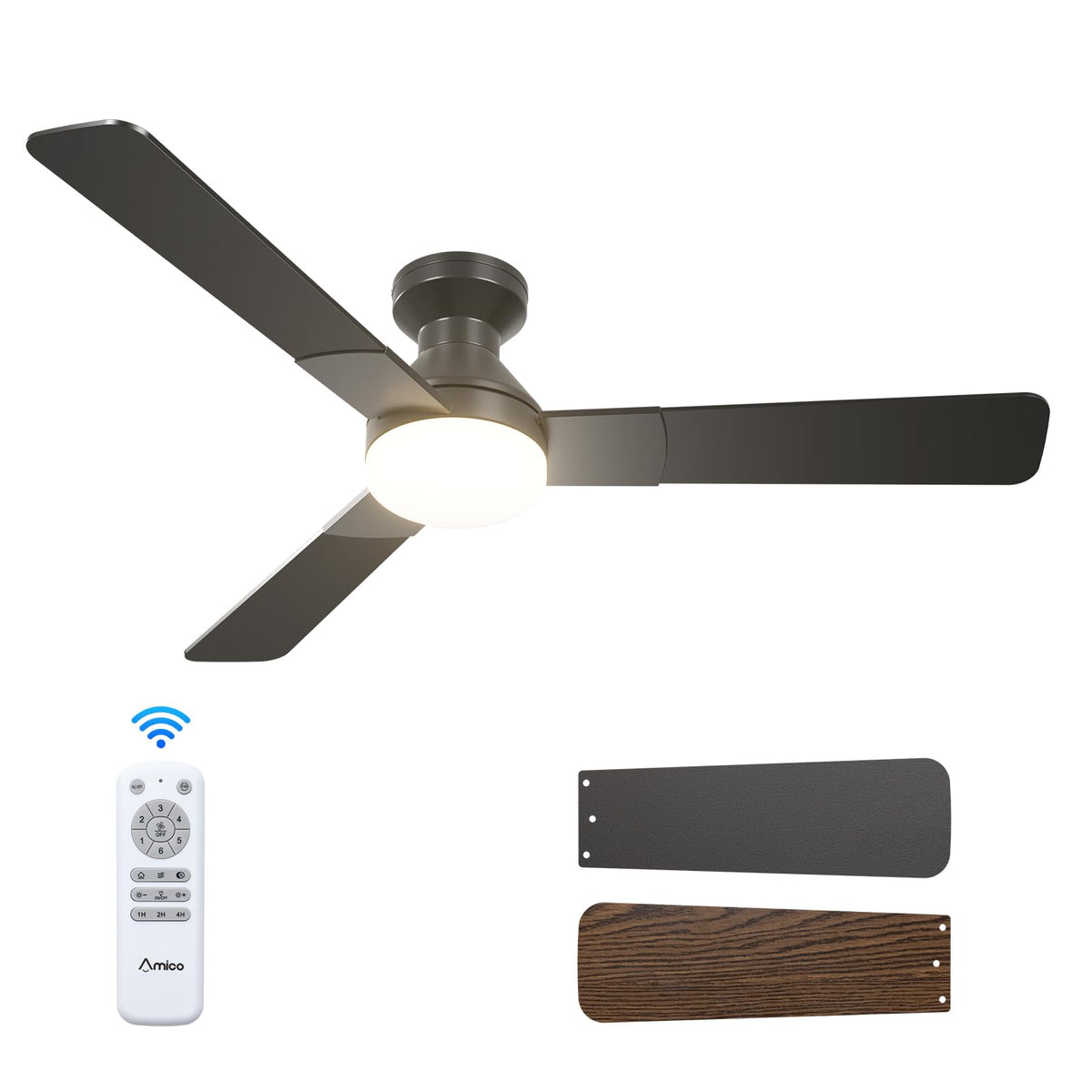 Beichen 52 Inch Low Profile Ceiling Fan with Light, 3-Color Dimmable, Quiet Reversible DC Motor, Remote Control, Timer for Bedroom & Covered Patio