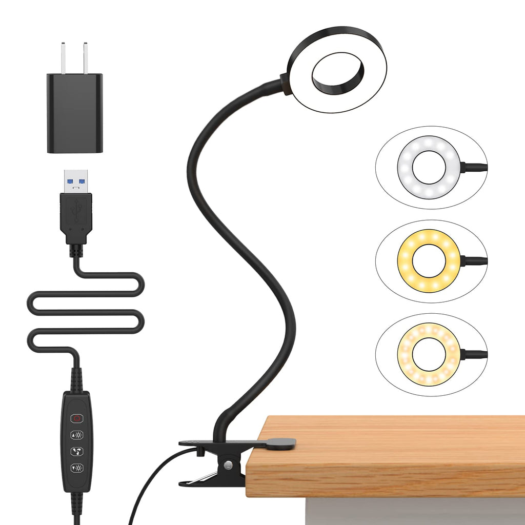 Beichen 3 Color Modes 10 Brightness LED Desk Lamp with Clamp, Flexible Arm Reading Light, Clip On Book Light for Bed, Table&Dorm