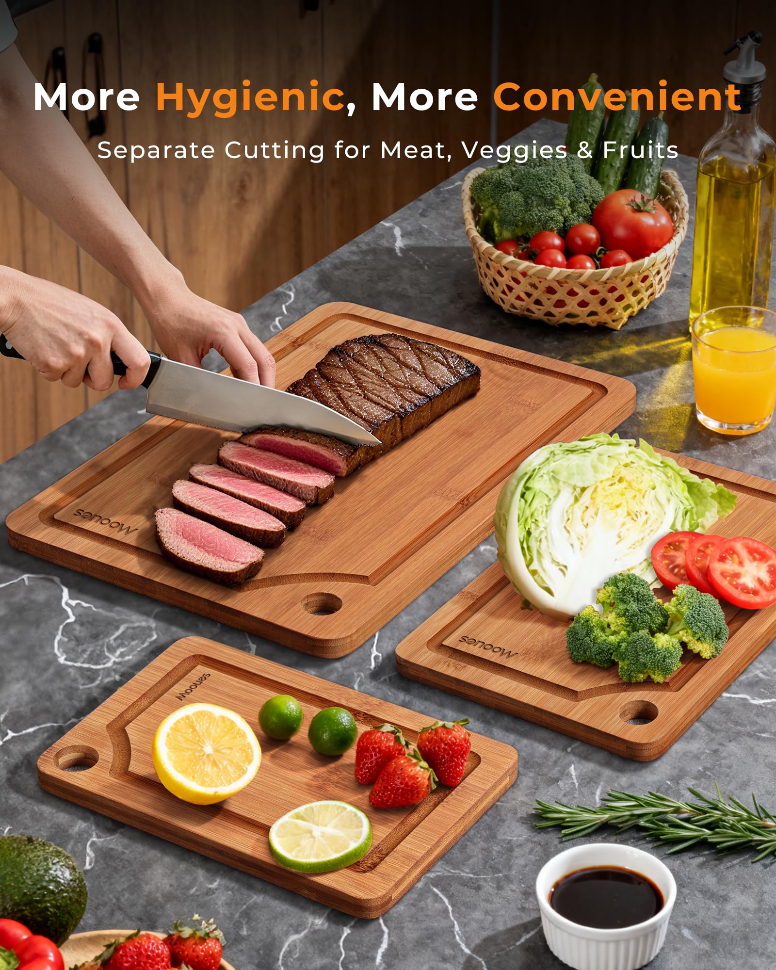 Mooues Kitchen Bamboo Cutting Board Set of Three, Scratch-Resistant Wooden Cutting Board with Groove. Ideal for cutting meat,vegetables,fruit,etc