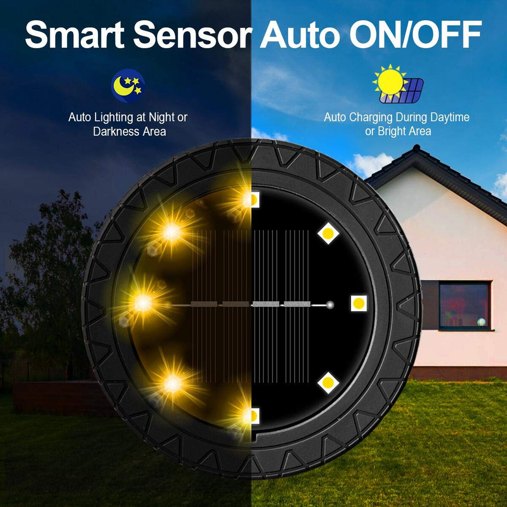 Beichen Solar Powered LED Disk Lights, 8 Pack IP68 Waterproof Non-Slip Wear-Resistant Pathway Lights, Warm White for Outdoor Garden & Walkway