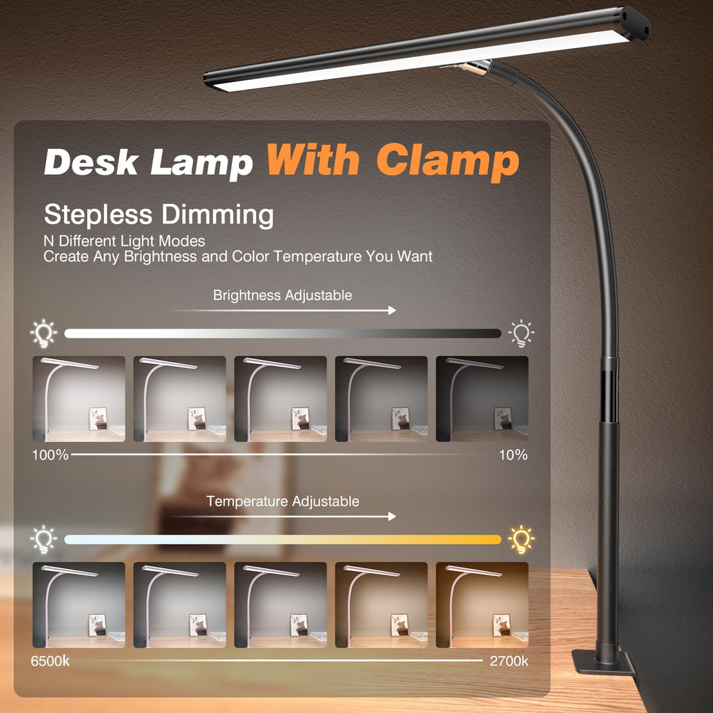 Beichen 17 Inch 100LED LED Desk Lamp with Clamp 2700K-6500K Stepless Dimming 360° Gooseneck Flicker-Free Task Light for Home Office Study Workbench