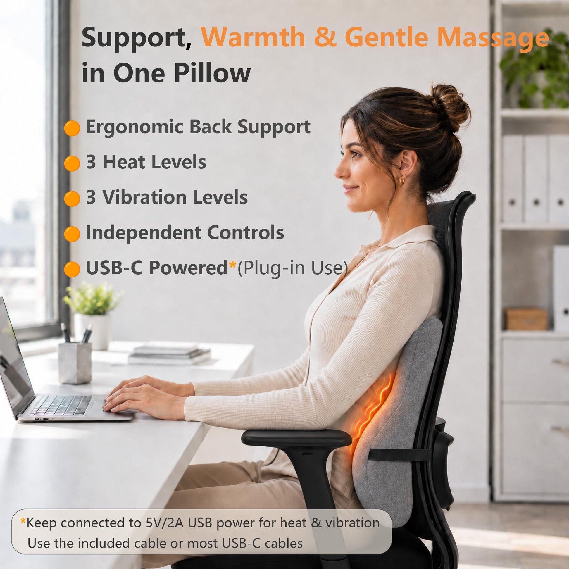 Morfone Ergonomic Heated Lumbar Support Pillow Memory Foam Back Cushion with Vibration Massage
