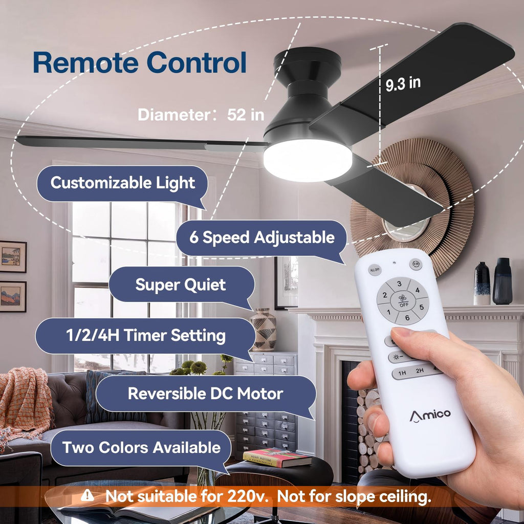 Beichen 42 Inch Low Profile Ceiling Fan with Light, 3-Color Dimmable, Quiet Reversible DC Motor, Remote Control, Timer for Bedroom & Covered Patio
