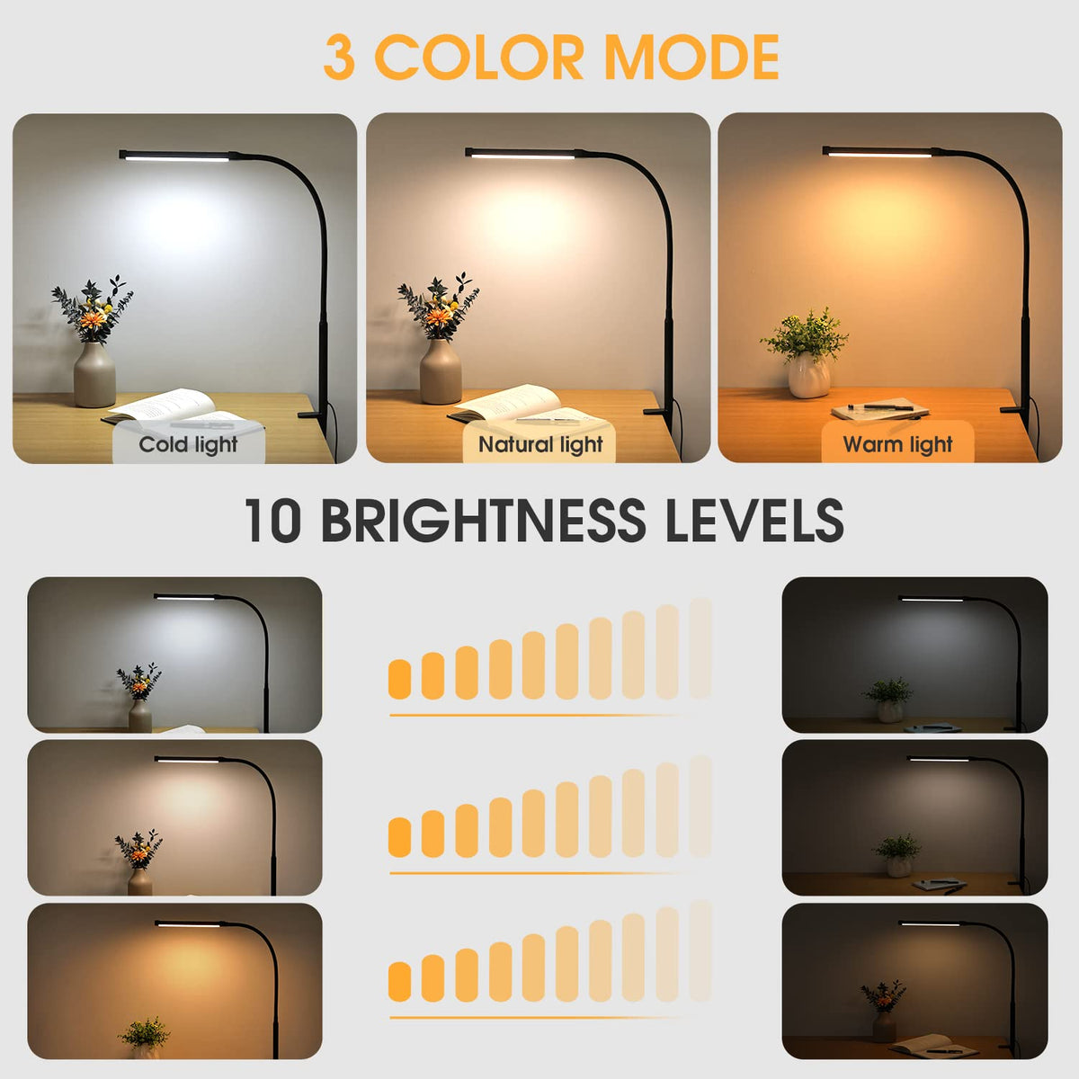 Beichen 3 Modes 10 Brightness Levels Flexible Gooseneck LED Desk Lamp with Clamp, Clip-On Light for Home Office, Black
