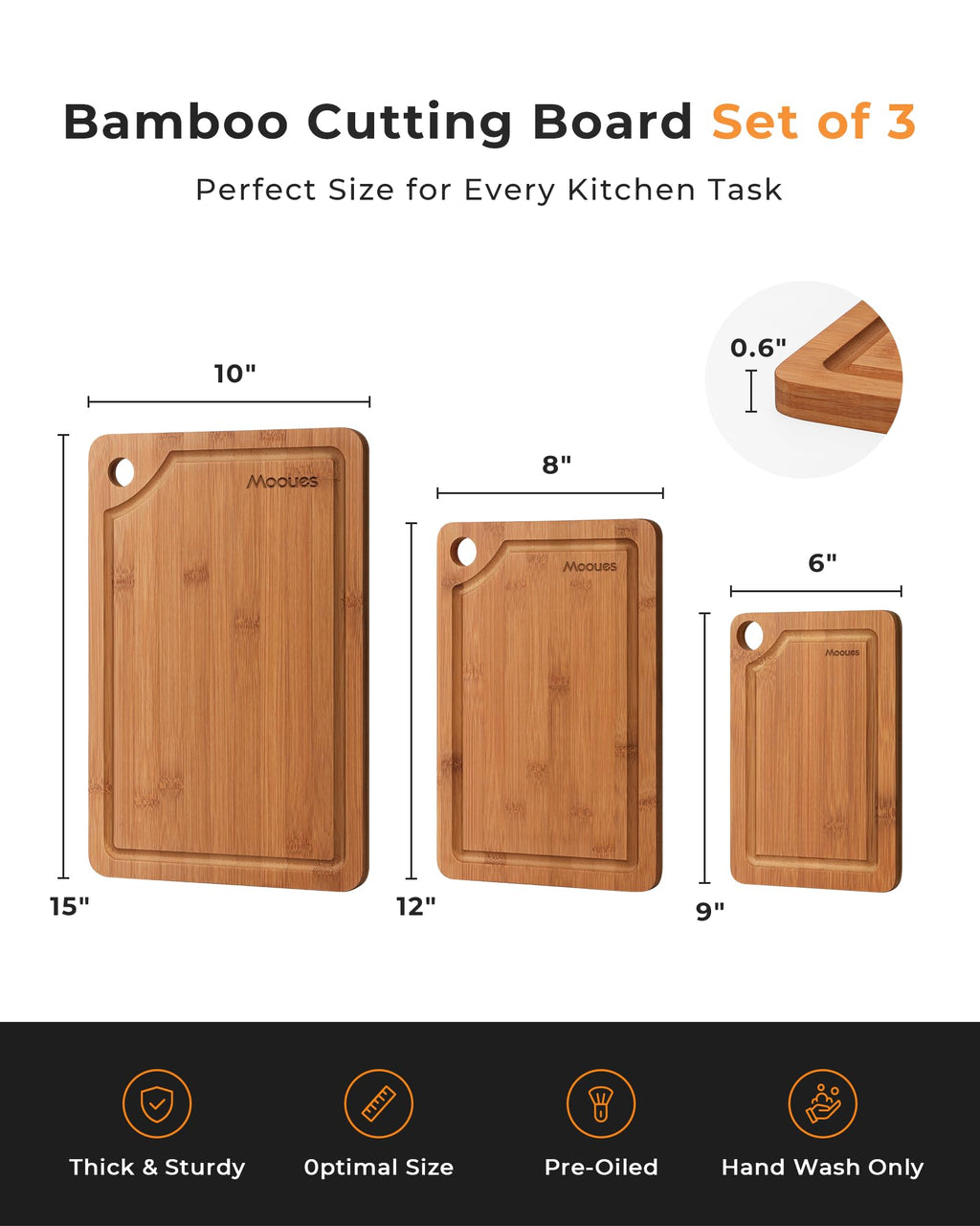 Mooues Kitchen Bamboo Cutting Board Set of Three, Scratch-Resistant Wooden Cutting Board with Groove. Ideal for cutting meat,vegetables,fruit,etc