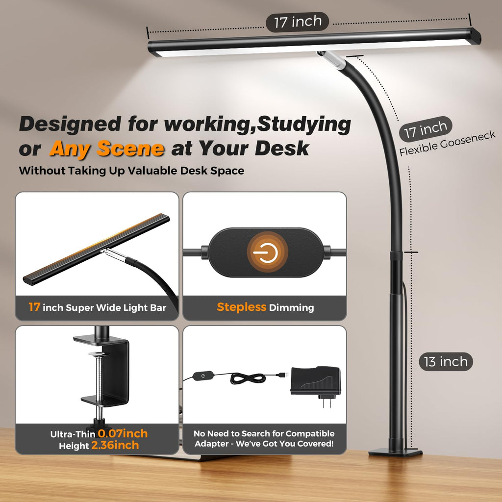 Beichen 17 Inch 100LED LED Desk Lamp with Clamp 2700K-6500K Stepless Dimming 360° Gooseneck Flicker-Free Task Light for Home Office Study Workbench