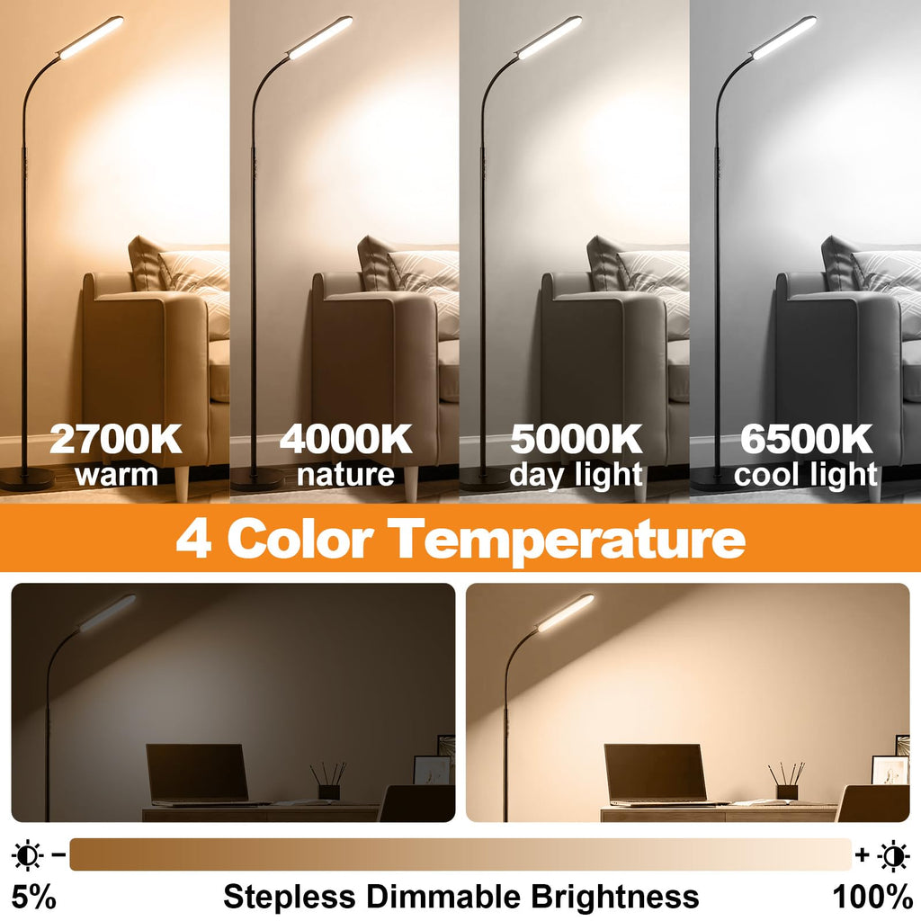 Beichen 18W 1800LM LED Floor Lamp, Dimmable Standing Light with Remote, Timer & Smart Plug, Eye-Caring Reading Lamp for Living Room, Bedroom & Office