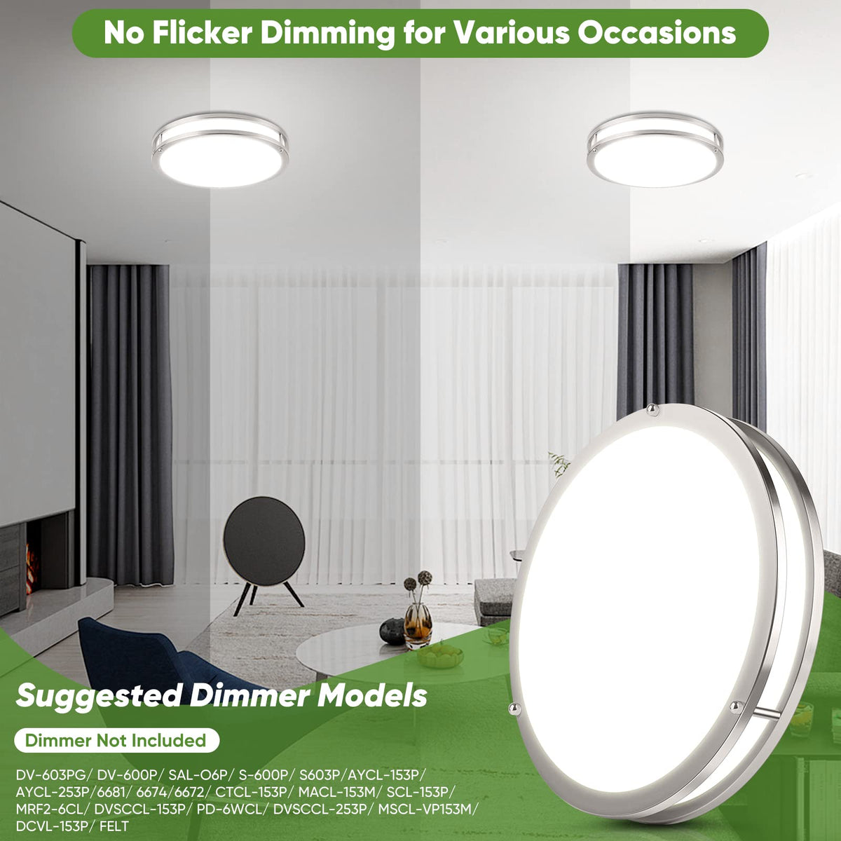 Beichen 36W 3600LM LED Ceiling Lights, 5-Color Temperature Dimmable Flush Mount, 2 Pack 13 Inch Modern Ceiling Lamps for Bedroom&Kitchen