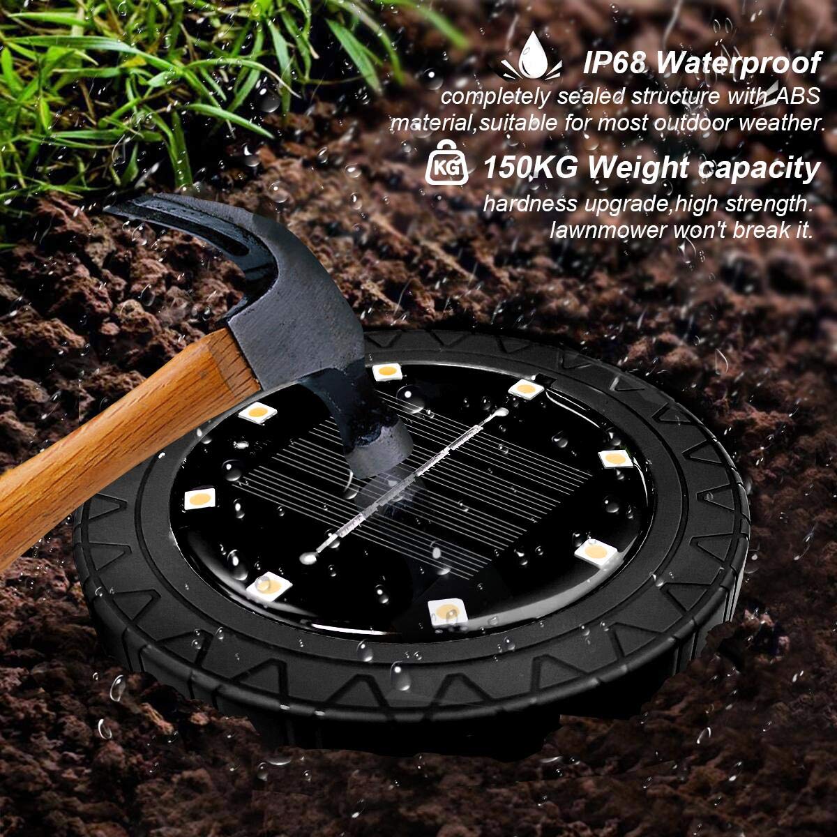 Beichen Solar Powered LED Disk Lights, 8 Pack IP68 Waterproof Non-Slip Wear-Resistant Pathway Lights, Warm White for Outdoor Garden & Walkway