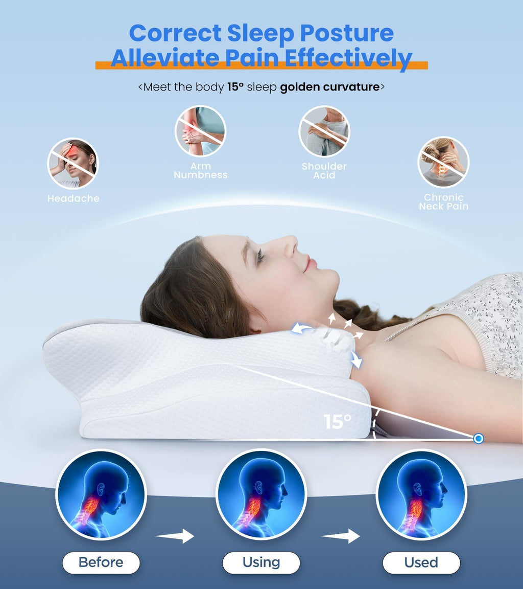 Morfone Ergonomic Neck Pillow, Odorless Contour Memory Foam Pillow for Comfortable Sleep, Cervical Support Pillow for Side, Back and Stomach Sleepers