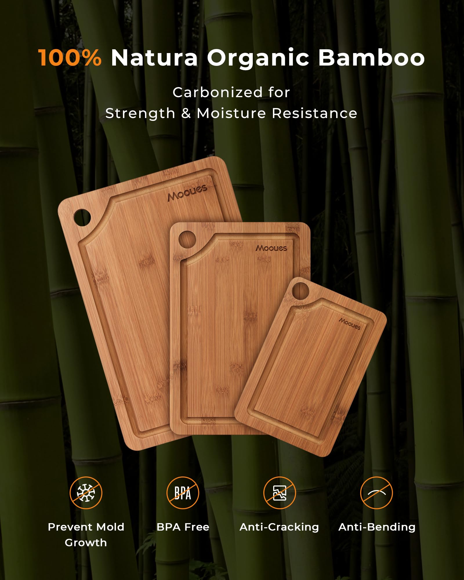 Mooues Kitchen Bamboo Cutting Board Set of Three, Scratch-Resistant Wooden Cutting Board with Groove. Ideal for cutting meat,vegetables,fruit,etc