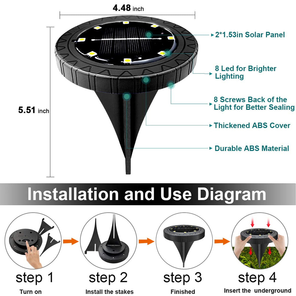 Beichen Solar Powered LED Disk Lights, 8 Pack IP68 Waterproof Non-Slip Wear-Resistant Pathway Lights, Warm White for Outdoor Garden & Walkway