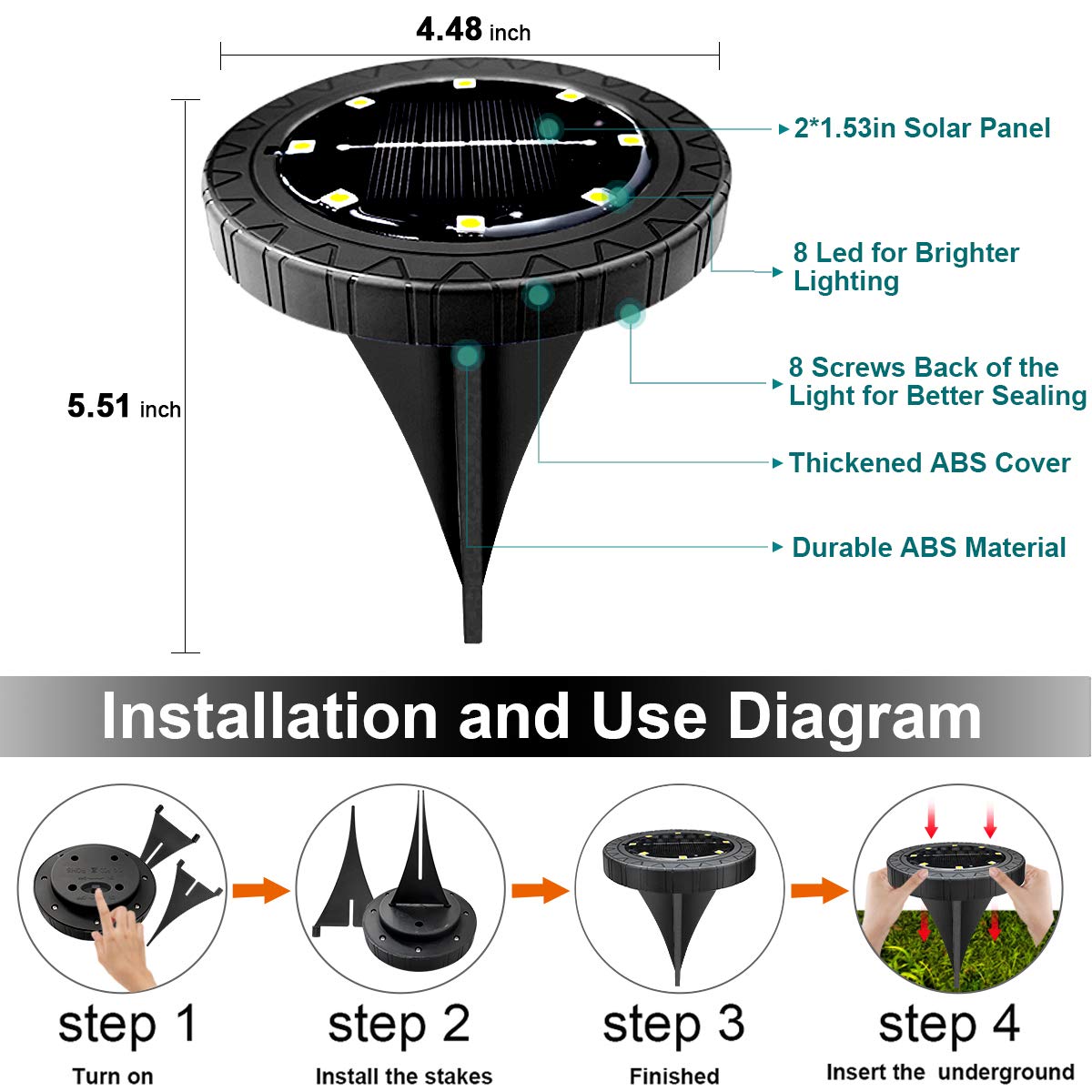 Beichen Solar Powered LED Disk Lights, 8 Pack IP68 Waterproof Non-Slip Wear-Resistant Pathway Lights, Warm White for Outdoor Garden & Walkway