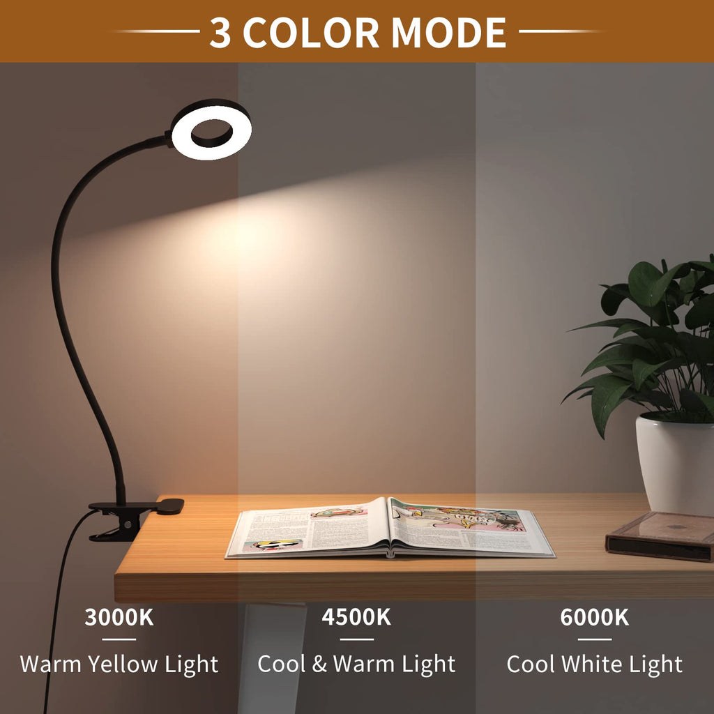 Beichen 3 Color Modes 10 Brightness LED Desk Lamp with Clamp, Flexible Arm Reading Light, Clip On Book Light for Bed, Table&Dorm