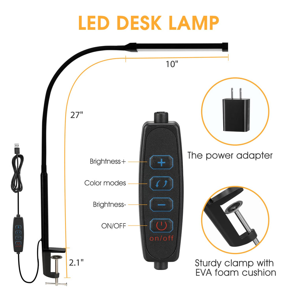 Beichen 3 Modes 10 Brightness Levels Flexible Gooseneck LED Desk Lamp with Clamp, Clip-On Light for Home Office, Black