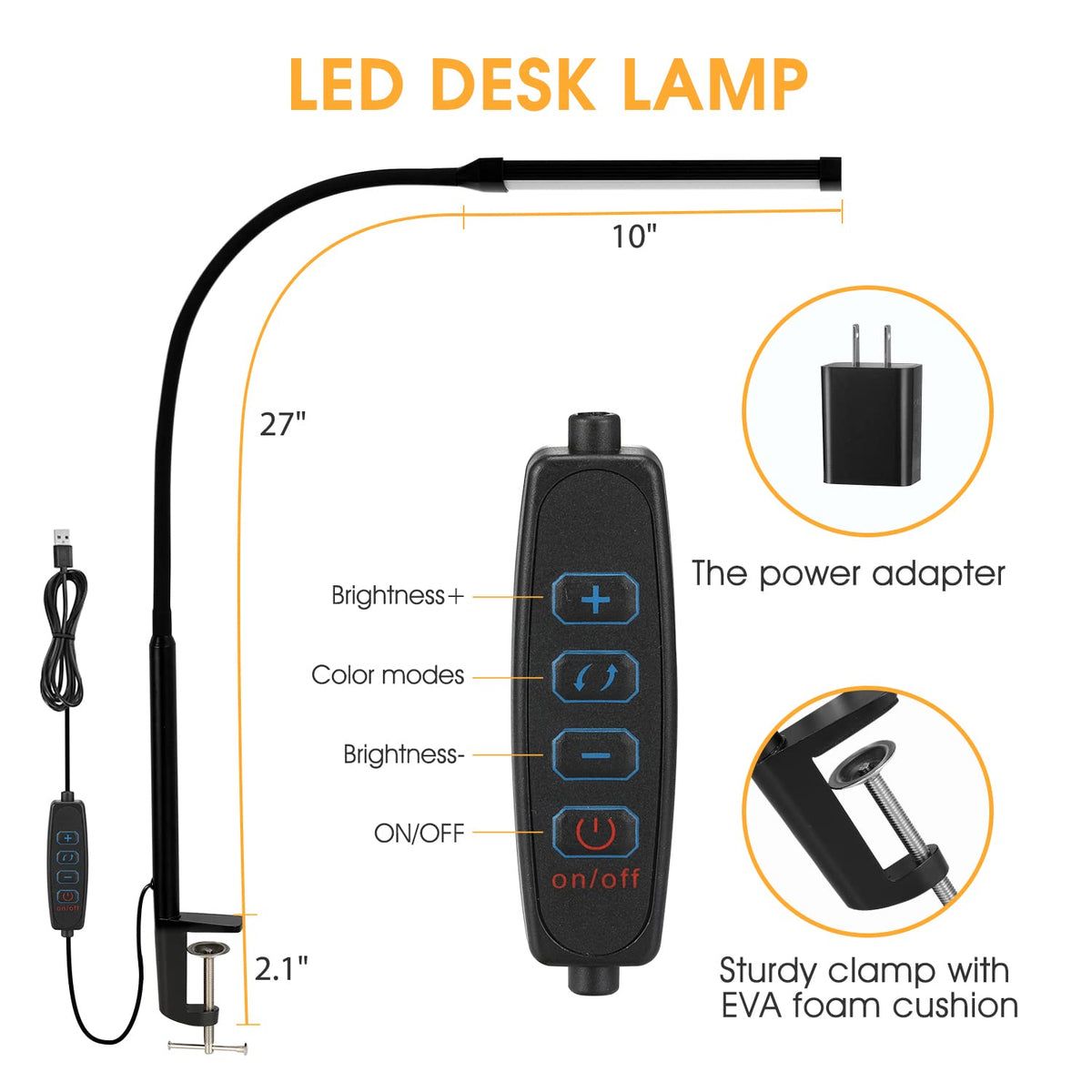 Beichen 3 Modes 10 Brightness Levels Flexible Gooseneck LED Desk Lamp with Clamp, Clip-On Light for Home Office, Black