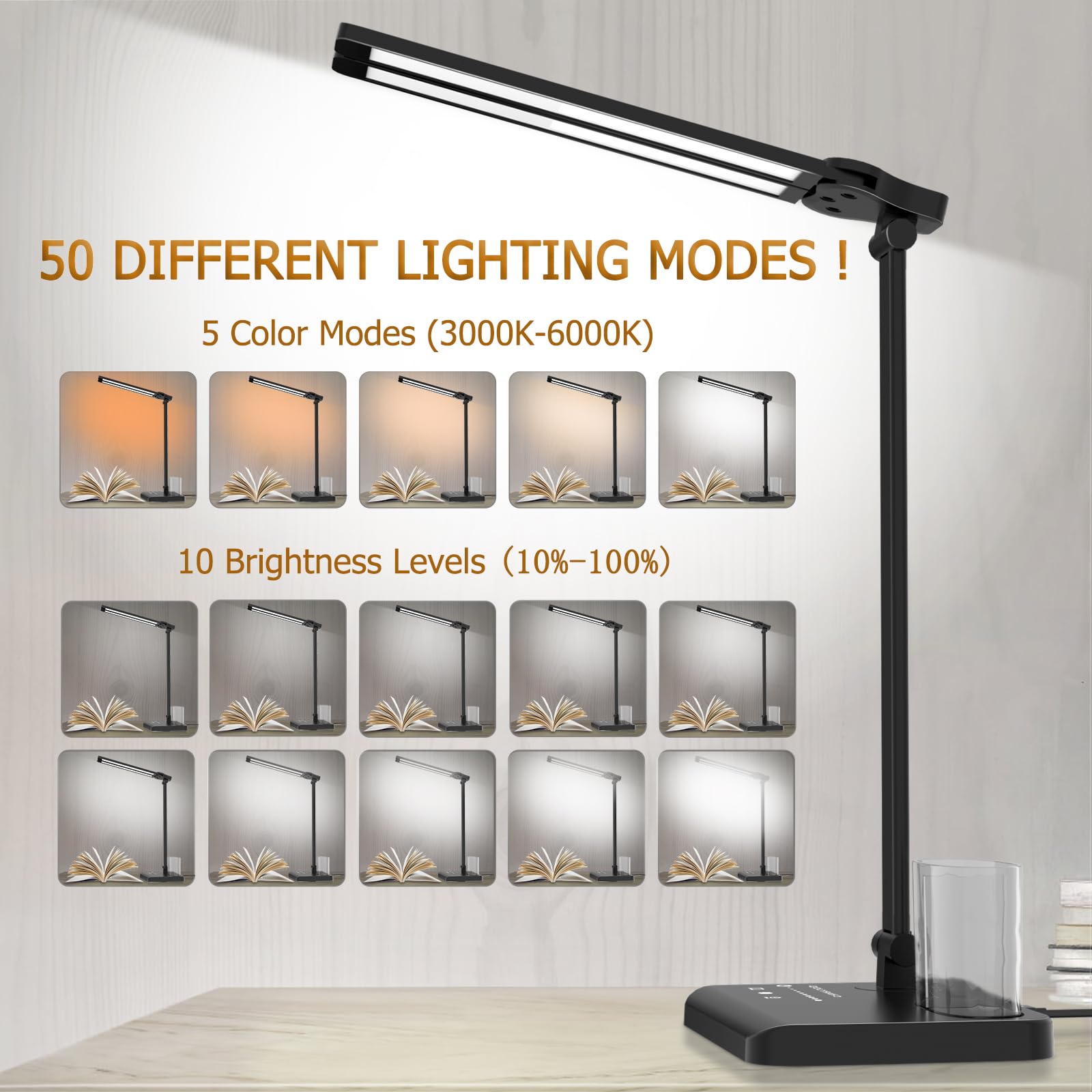 Beichen Dimmable LED Desk Lamp, 50 Lighting Modes with USB Port, Dual Swing Arm Architect Table Light for Home, Office, Dorm, Piano