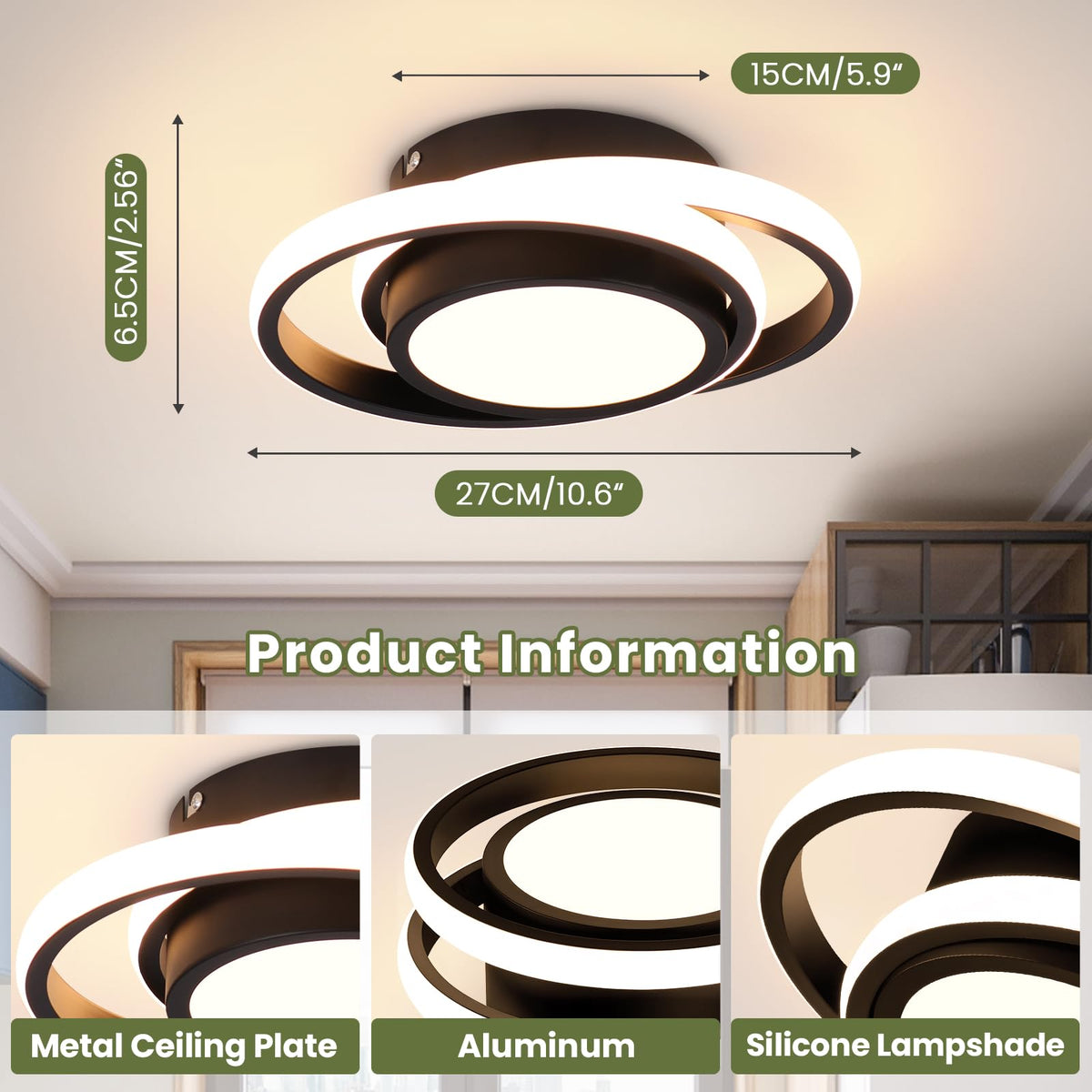 Beichen Small Modern LED Ceiling Light, 2-Ring Creative Design, 3000K Warm White Indoor Ceiling Lamp for Hallway, Living Room, Bedroom, Kitchen&Office