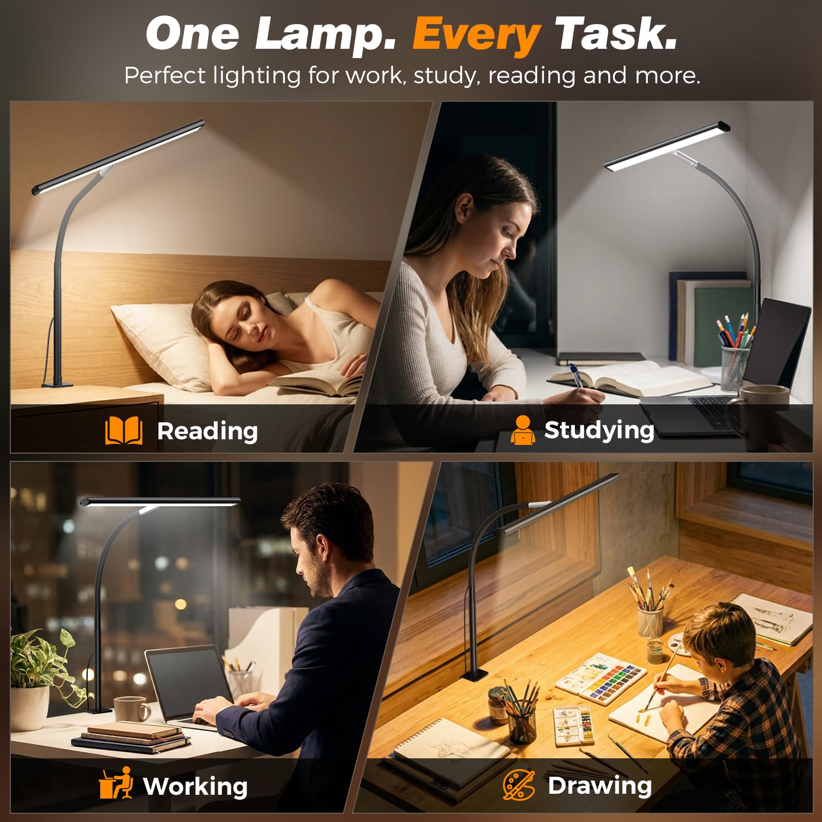 Beichen 17 Inch 100LED LED Desk Lamp with Clamp 2700K-6500K Stepless Dimming 360° Gooseneck Flicker-Free Task Light for Home Office Study Workbench