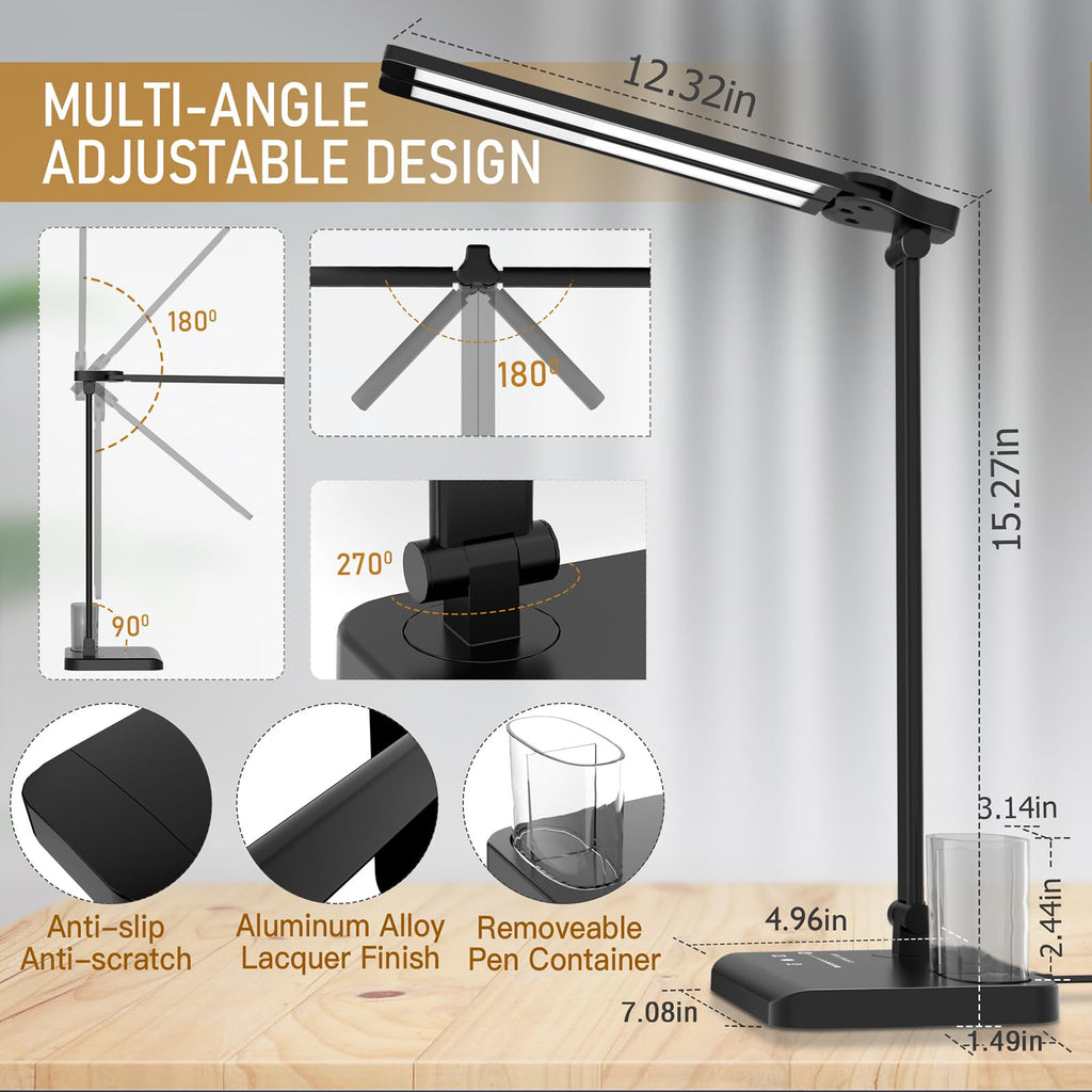 Beichen Dimmable LED Desk Lamp, 50 Lighting Modes with USB Port, Dual Swing Arm Architect Table Light for Home, Office, Dorm, Piano