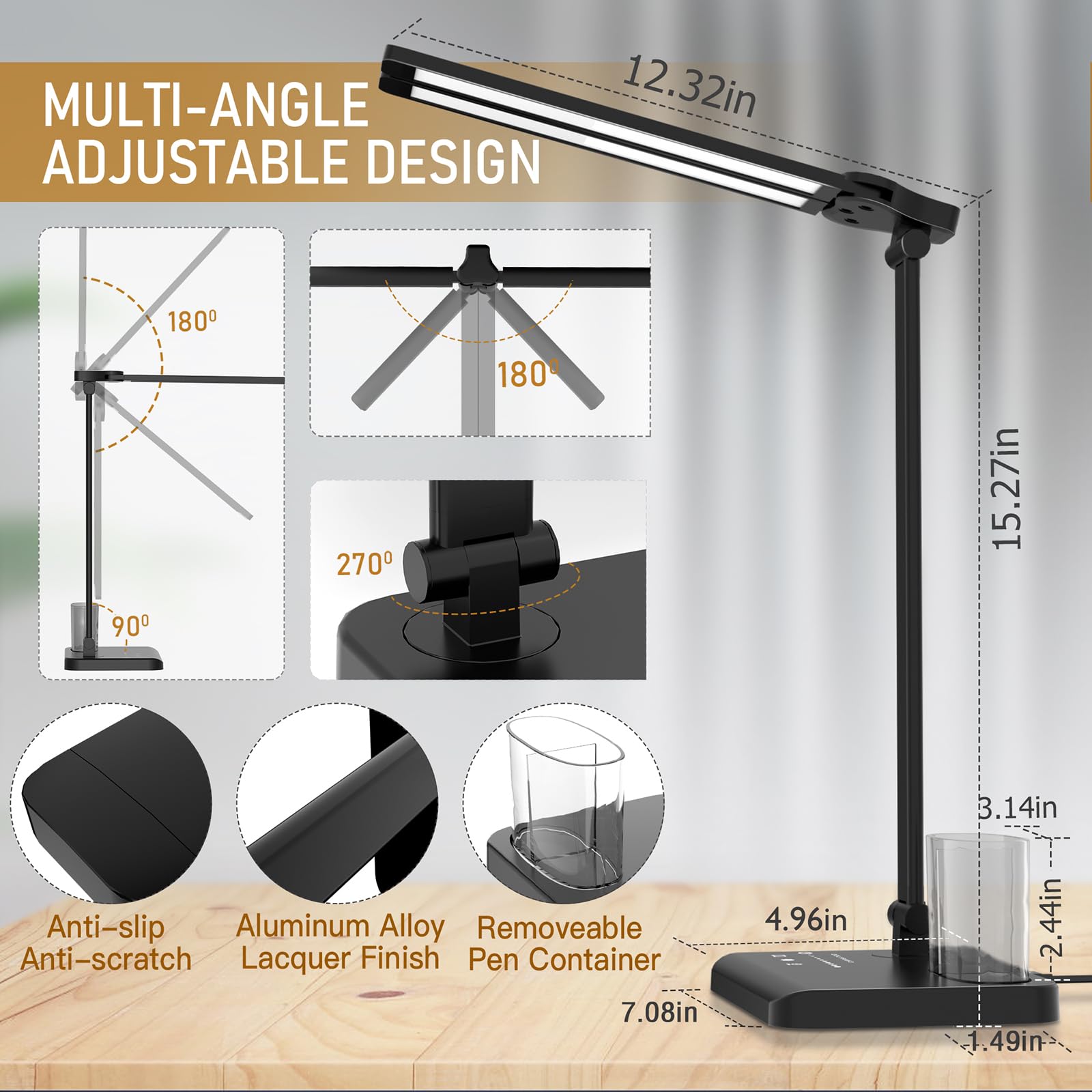 Beichen Dimmable LED Desk Lamp, 50 Lighting Modes with USB Port, Dual Swing Arm Architect Table Light for Home, Office, Dorm, Piano
