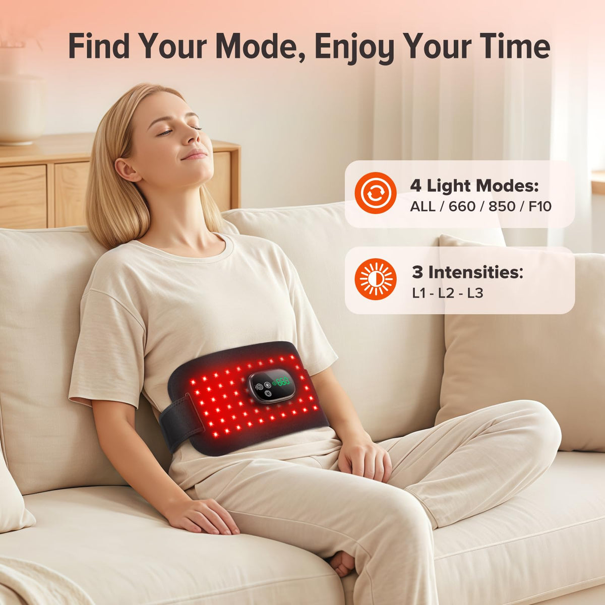 Morfone Cordless Red Light Therapy Belt with Heat, 660nm 850nm LED Infrared Light Therapy, 3 Brightness Levels, Pulse Mode, Rechargeable for Back Waist Shoulder Knee