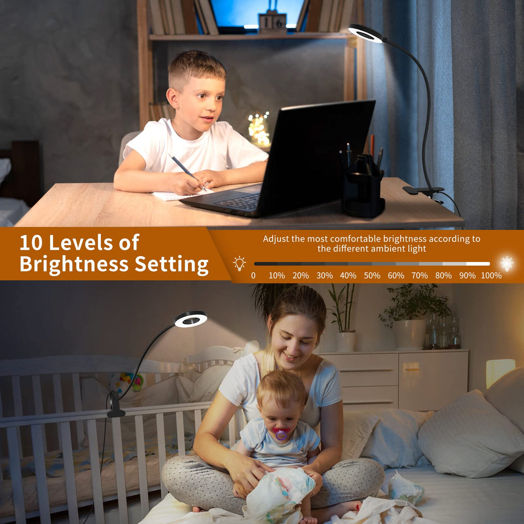 Beichen 3 Color Modes 10 Brightness LED Desk Lamp with Clamp, Flexible Arm Reading Light, Clip On Book Light for Bed, Table&Dorm