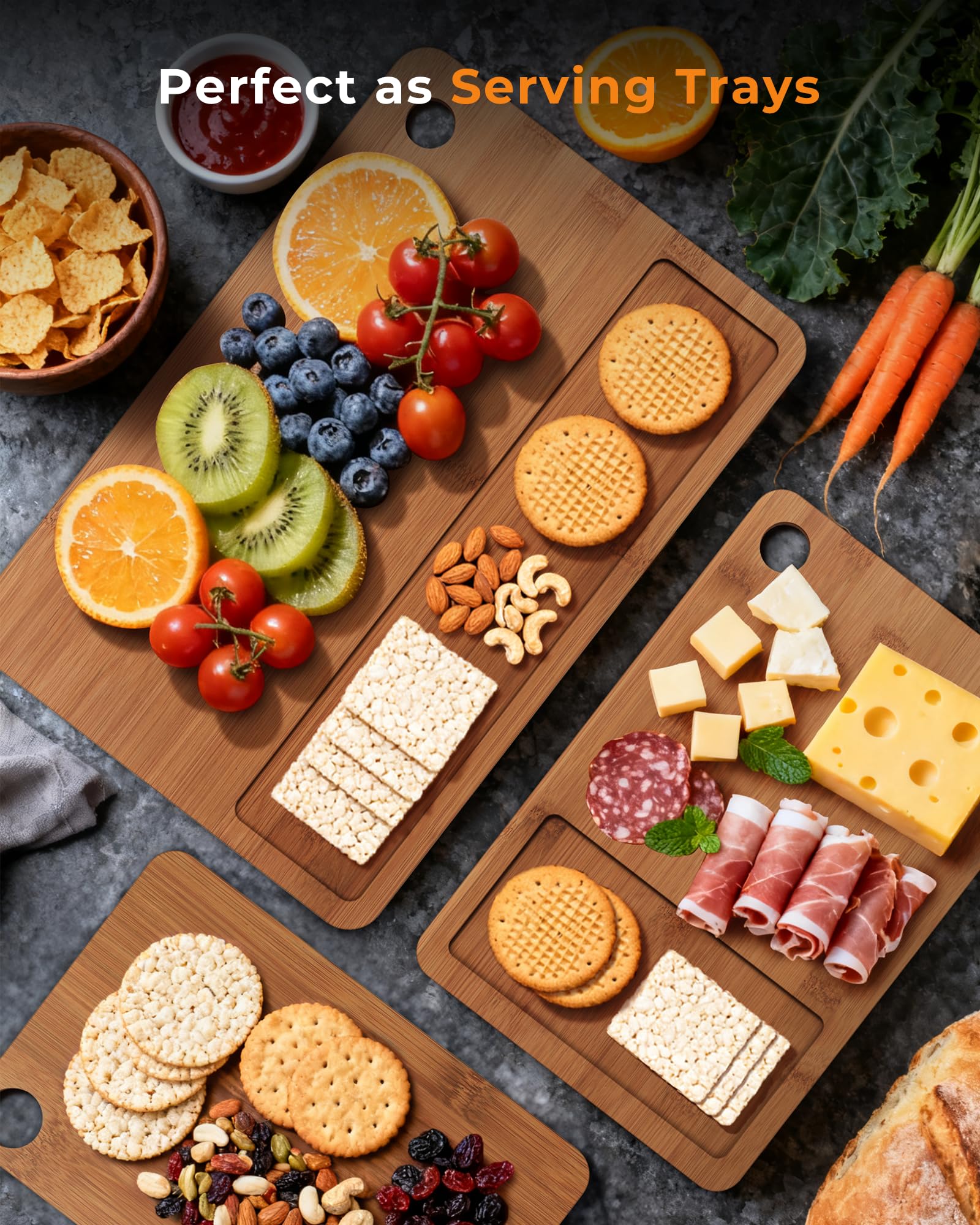 Mooues Kitchen Bamboo Cutting Board Set of Three, Scratch-Resistant Wooden Cutting Board with Groove. Ideal for cutting meat,vegetables,fruit,etc