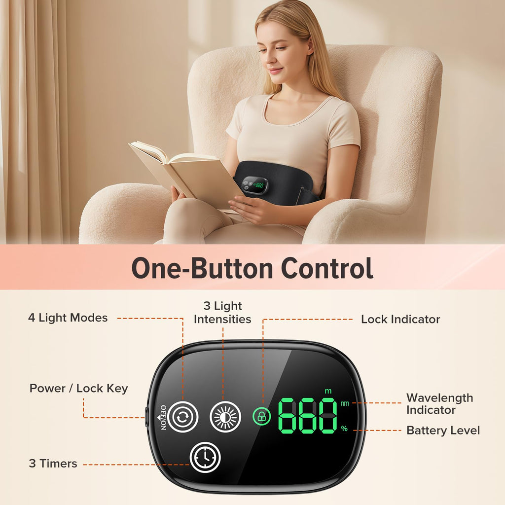 Morfone Cordless Red Light Therapy Belt with Heat, 660nm 850nm LED Infrared Light Therapy, 3 Brightness Levels, Pulse Mode, Rechargeable for Back Waist Shoulder Knee
