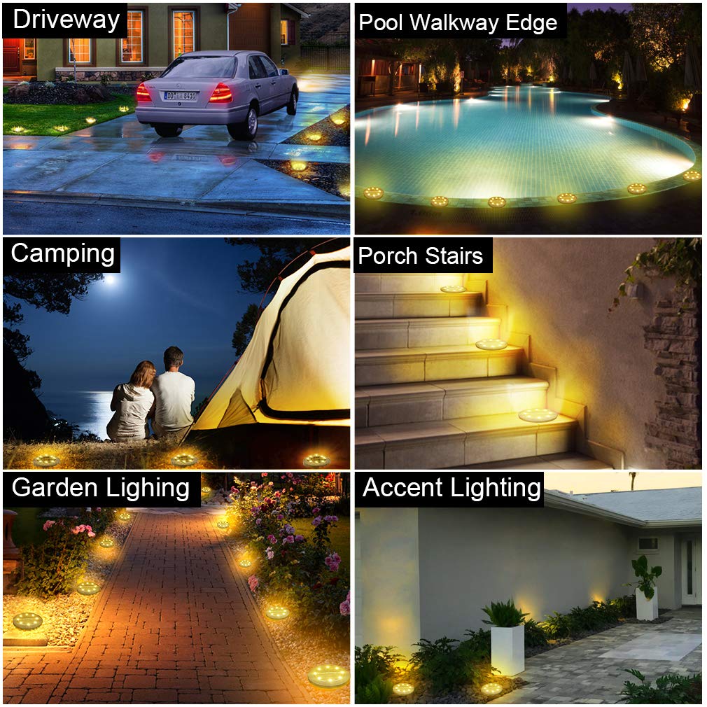 Beichen Solar Powered LED Disk Lights, 8 Pack IP68 Waterproof Non-Slip Wear-Resistant Pathway Lights, Warm White for Outdoor Garden & Walkway