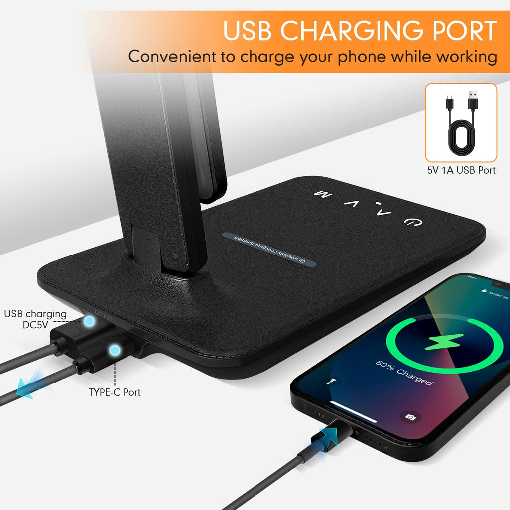 Beichen 15W Wireless Charger LED Desk Lamp, 5 Lighting Modes Dimmable Table Light with USB Port, Touch Control, Foldable for Home, Office & Bedroom
