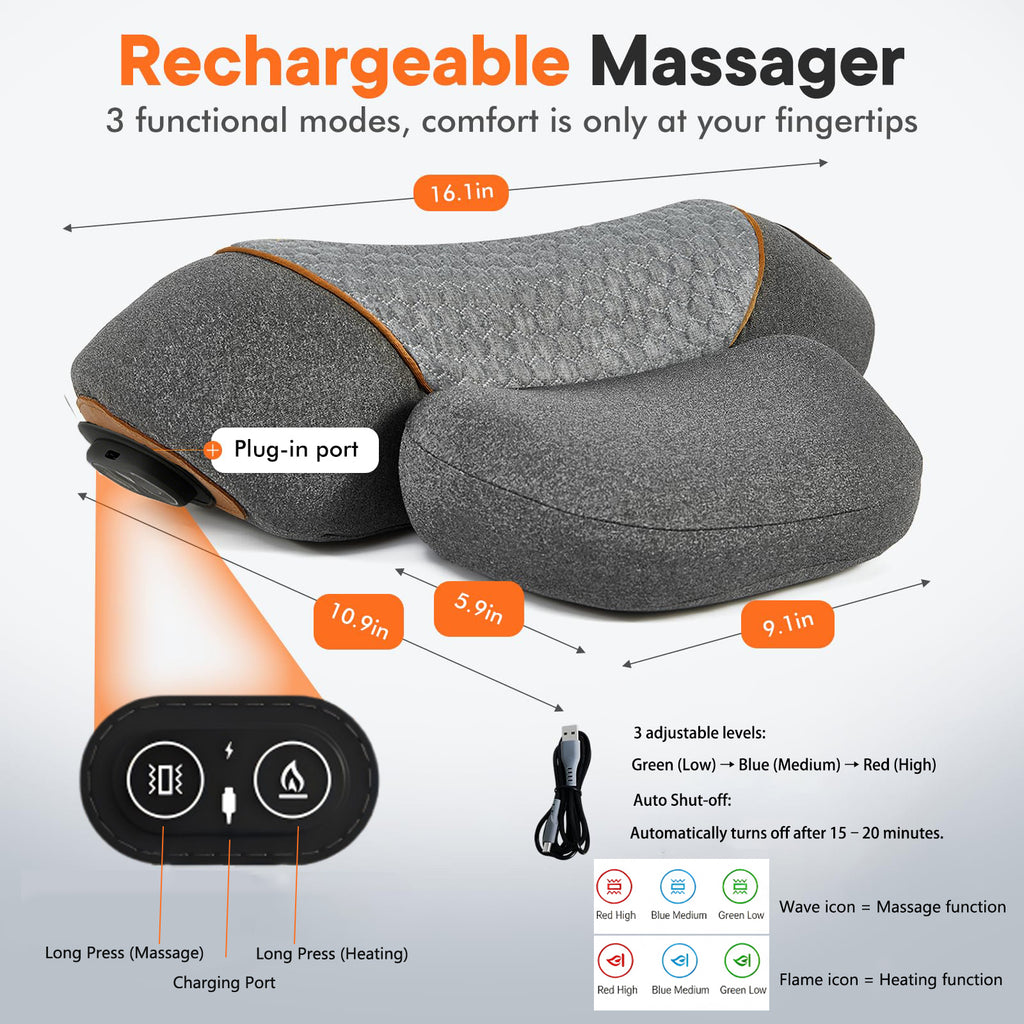 Morfone 3-in-1 Heating and Massage Neck Pillow for Relieving Shoulder and Back Pain Cervical Massage Pillow Gray