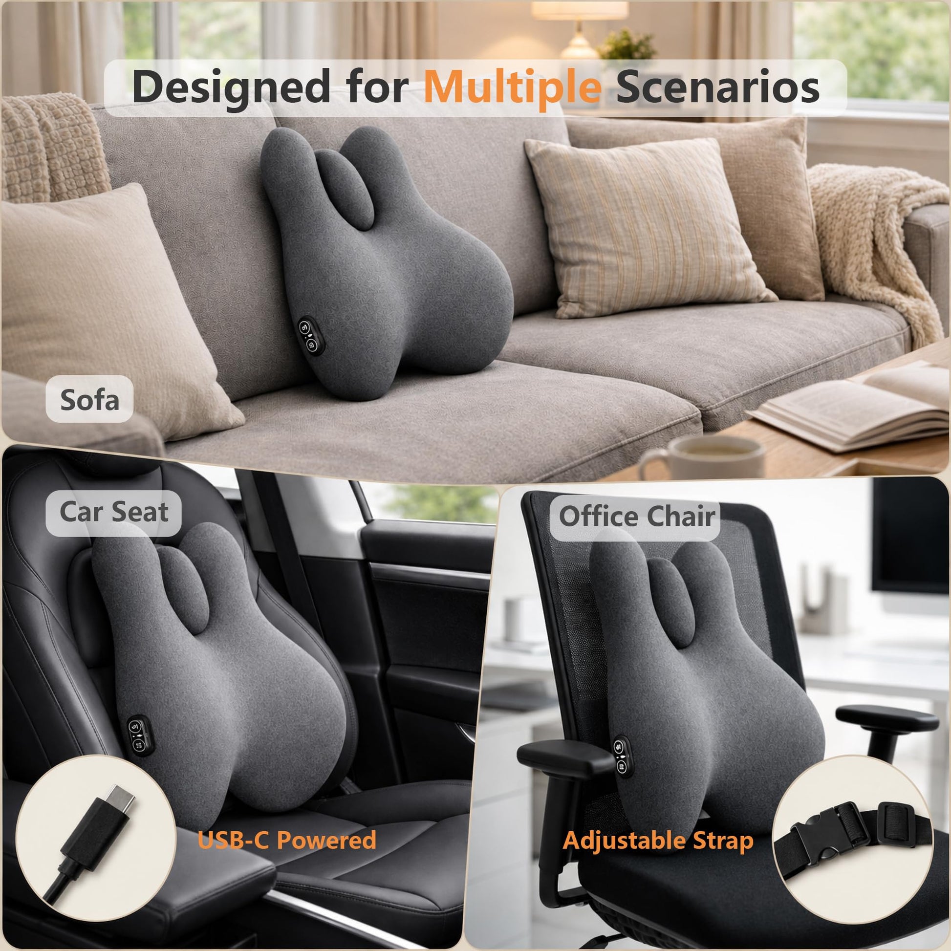 Morfone Ergonomic Heated Lumbar Support Pillow Memory Foam Back Cushion with Vibration Massage