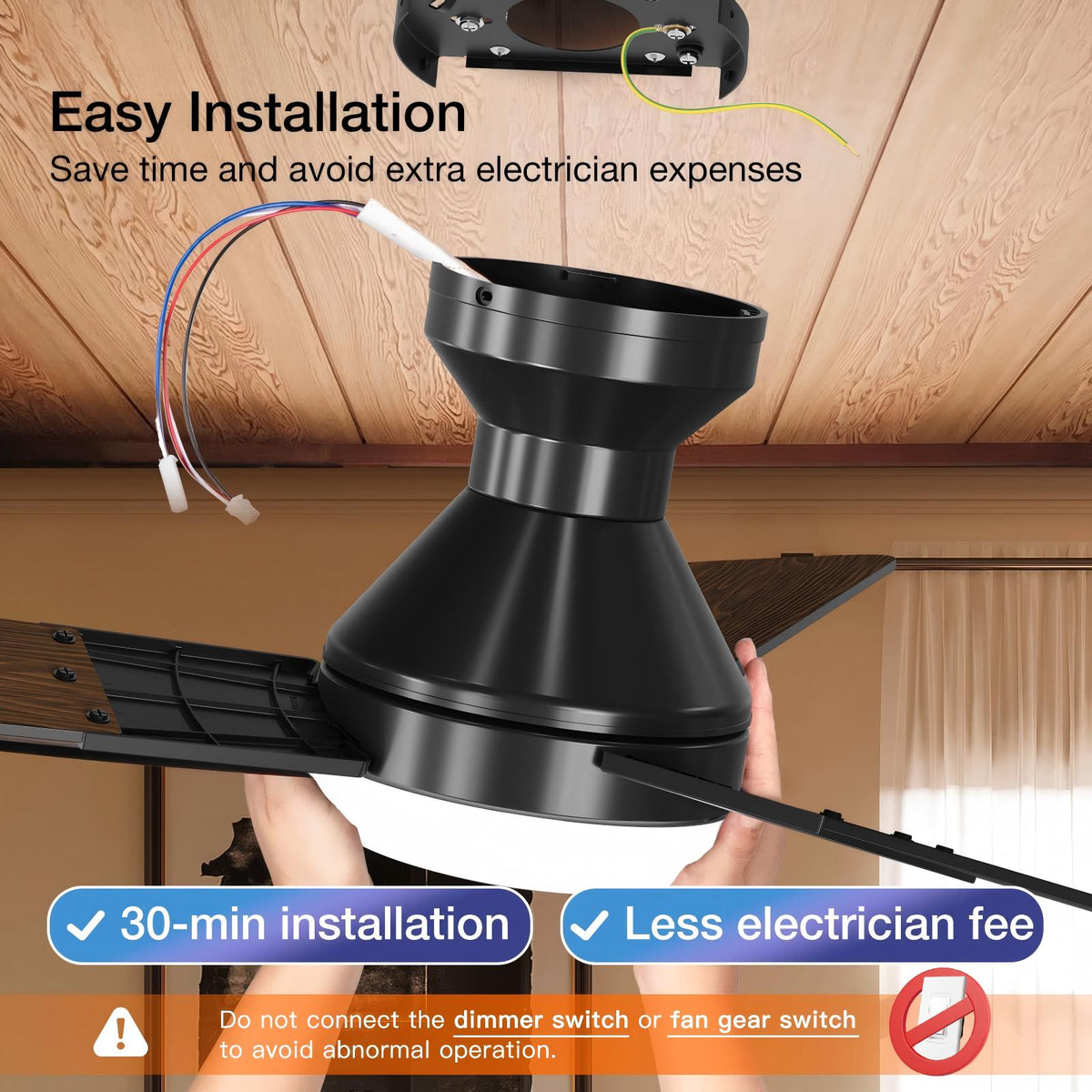 Beichen 52 Inch Low Profile Ceiling Fan with Light, 3-Color Dimmable, Quiet Reversible DC Motor, Remote Control, Timer for Bedroom & Covered Patio