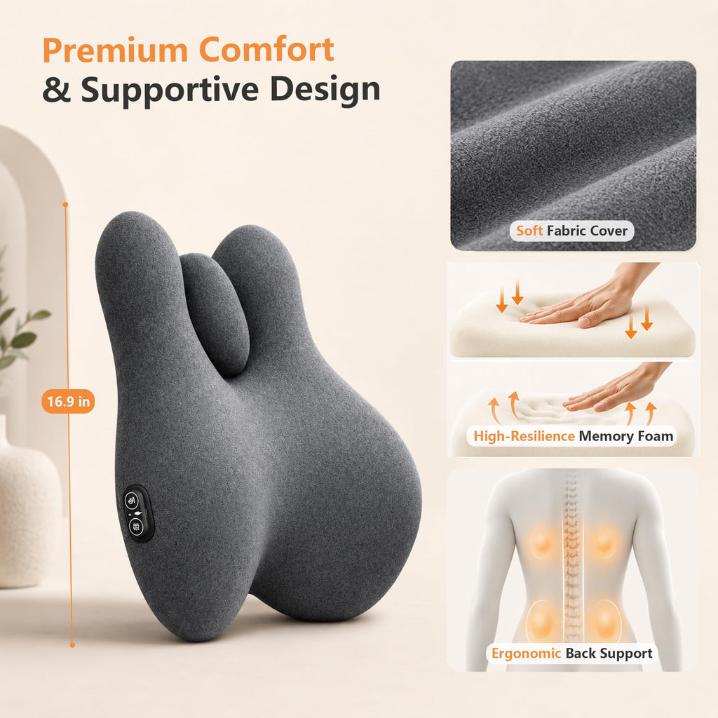 Morfone Ergonomic Heated Lumbar Support Pillow Memory Foam Back Cushion with Vibration Massage