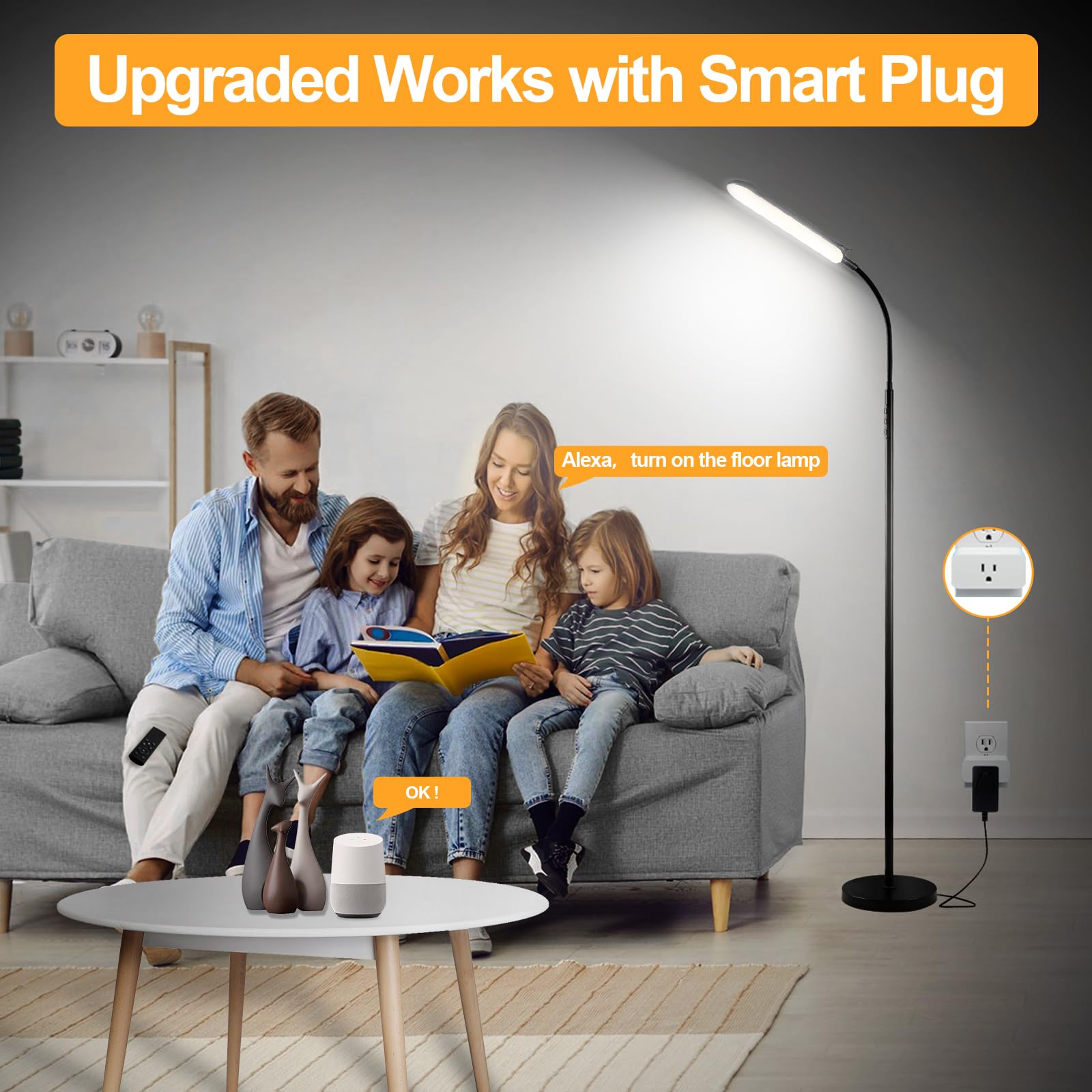 Beichen 18W 1800LM LED Floor Lamp, Dimmable Standing Light with Remote, Timer & Smart Plug, Eye-Caring Reading Lamp for Living Room, Bedroom & Office